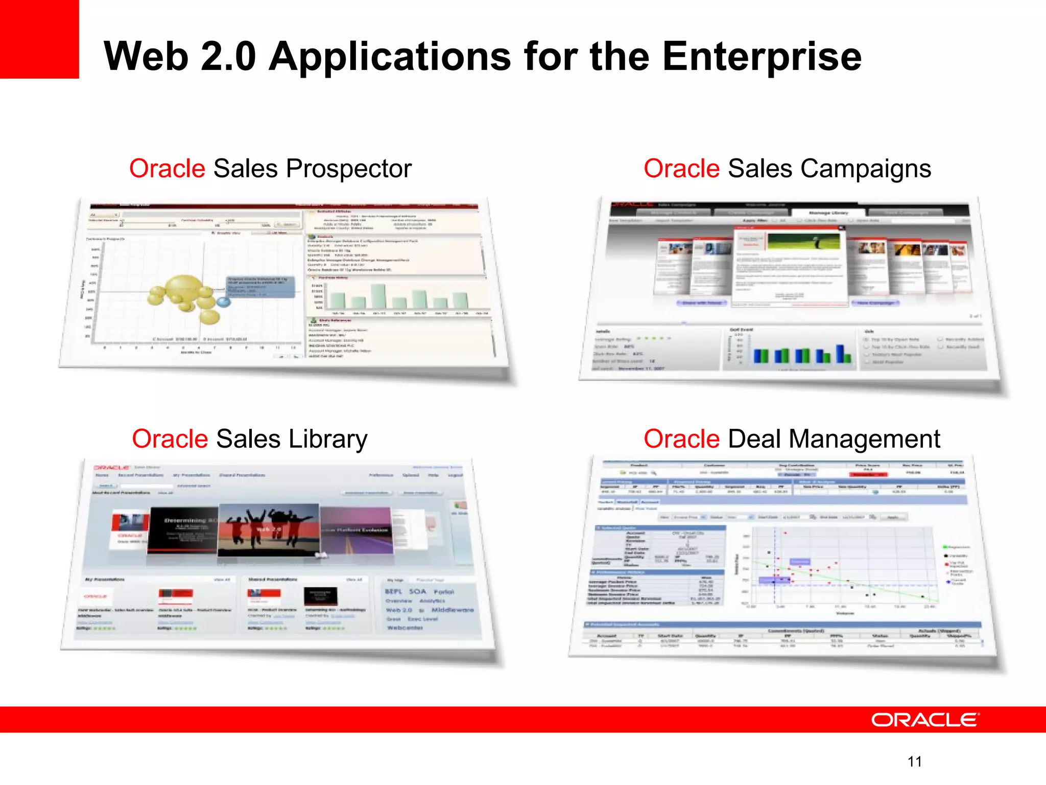 Web 2.0 Applications for the Enterprise Oracle  Sales Library Oracle  Deal Management Oracle  Sales Campaigns Oracle  Sales Prospector 