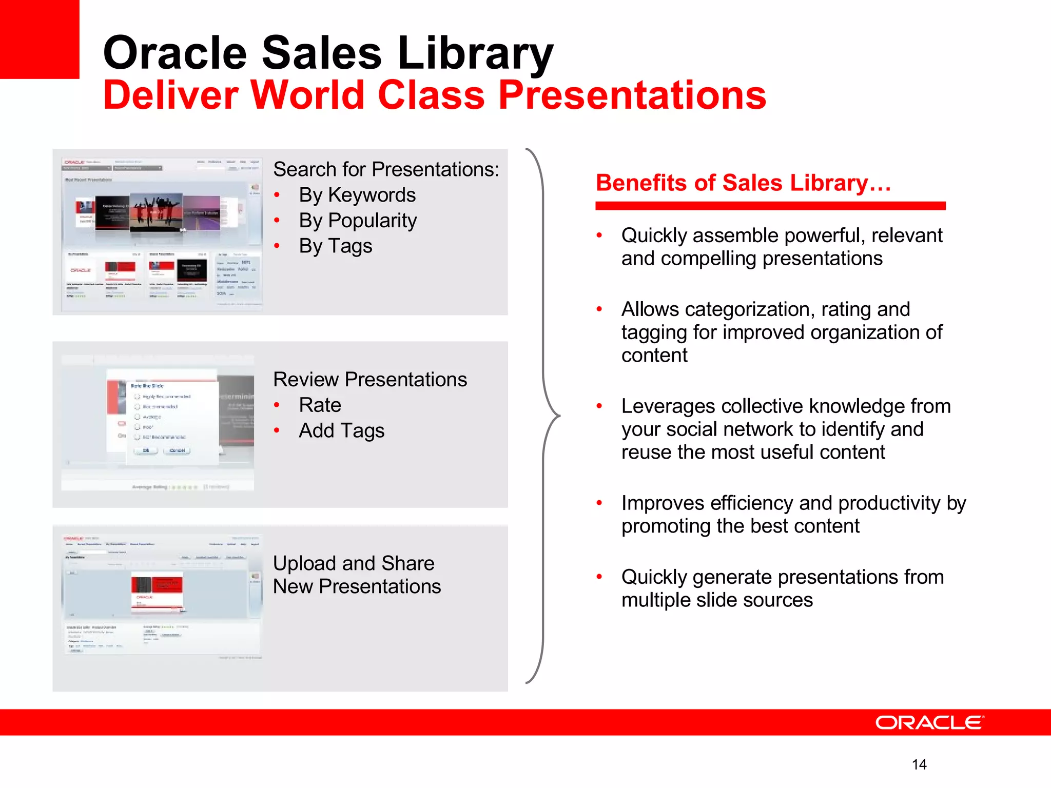 Oracle Sales Library Deliver World Class Presentations   Benefits of Sales Library… Quickly assemble powerful, relevant and compelling presentations Allows categorization, rating and tagging for improved organization of content Leverages collective knowledge from your social network to identify and reuse the most useful content Improves efficiency and productivity by promoting the best content Quickly generate presentations from multiple slide sources Search for Presentations: By Keywords By Popularity By Tags Upload and Share New Presentations Review Presentations Rate Add Tags 