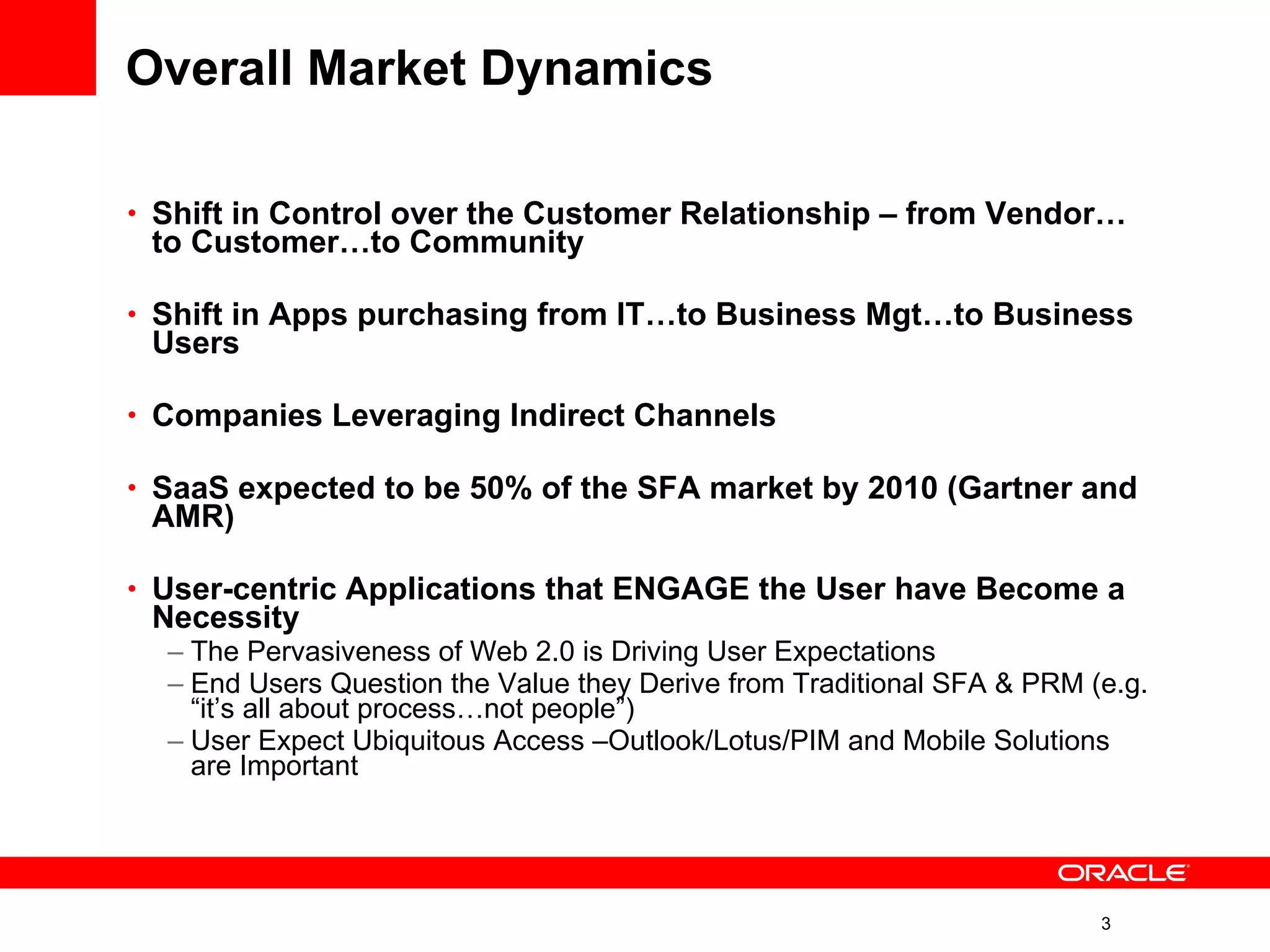 Overall Market Dynamics Shift in Control over the Customer Relationship – from Vendor…to Customer…to Community Shift in Apps purchasing from IT…to Business Mgt…to Business Users Companies Leveraging Indirect Channels SaaS expected to be 50% of the SFA market by 2010 (Gartner and AMR) User-centric Applications that ENGAGE the User have Become a Necessity The Pervasiveness of Web 2.0 is Driving User Expectations End Users Question the Value they Derive from Traditional SFA & PRM (e.g. “it’s all about process…not people”) User Expect Ubiquitous Access –Outlook/Lotus/PIM and Mobile Solutions are Important 