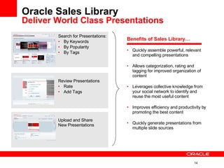 Oracle Sales Library Deliver World Class Presentations   Benefits of Sales Library… Quickly assemble powerful, relevant and compelling presentations Allows categorization, rating and tagging for improved organization of content Leverages collective knowledge from your social network to identify and reuse the most useful content Improves efficiency and productivity by promoting the best content Quickly generate presentations from multiple slide sources Search for Presentations: By Keywords By Popularity By Tags Upload and Share New Presentations Review Presentations Rate Add Tags 