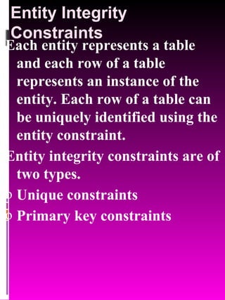Entity Integrity Constraints Each entity represents a table and each row of a table represents an instance of the entity. Each row of a table can be uniquely identified using the entity constraint. Entity integrity constraints are of two types. Unique constraints  Primary key constraints 