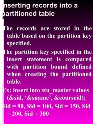 Inserting records into a partitioned table The records are stored in the table based on the partition key specified. The partition key specified in the insert statement is compared with partition bound defined when creating the partitioned table. Ex: insert into stu_master values (&sid, ‘&sname’, &courseid); Sid = 90, Sid = 100, Sid = 150, Sid = 200, Sid = 300 