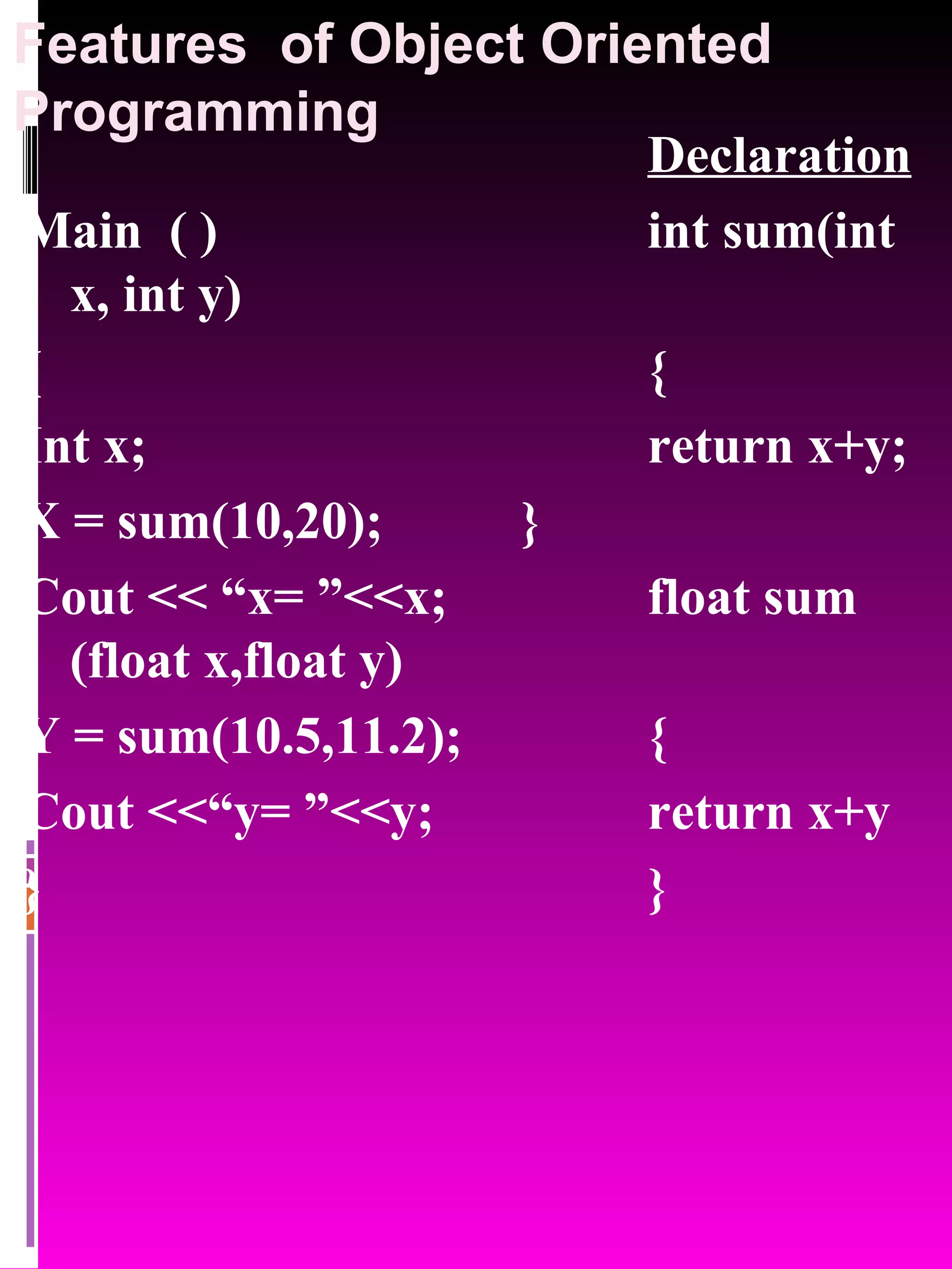 Features of Object Oriented Programming Declaration Main ( ) int sum(int x, int y) { { Int x; return x+y; X = sum(10,20); } Cout << “x= ”<<x; float sum (float x,float y) Y = sum(10.5,11.2); { Cout <<“y= ”<<y; return x+y } } 