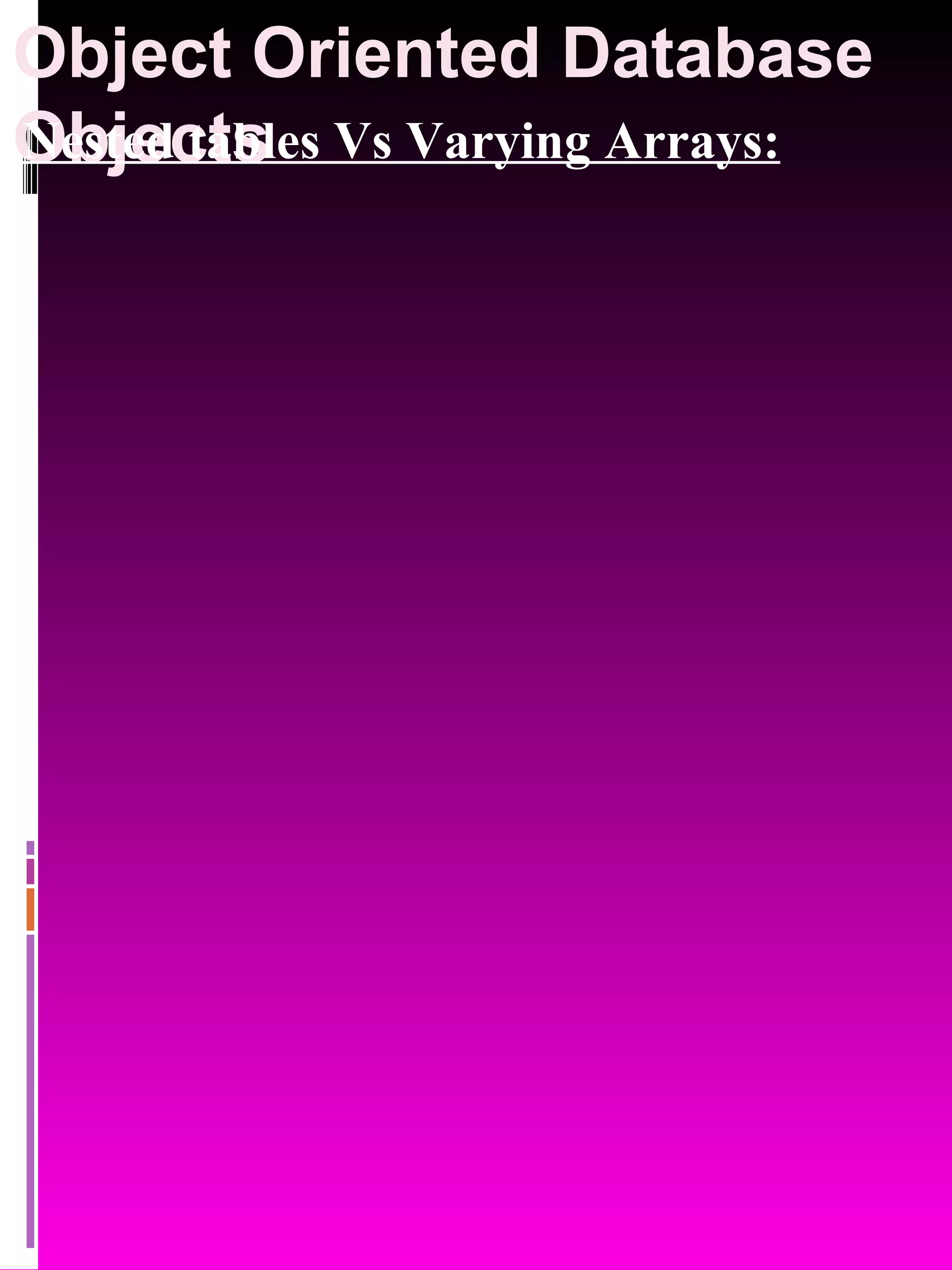 Object Oriented Database Objects Nested tables Vs Varying Arrays: 