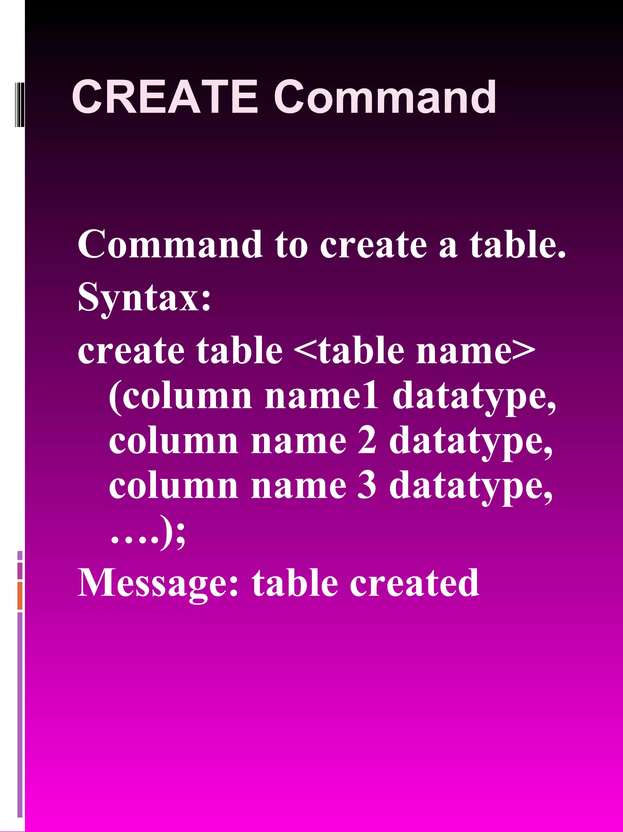 CREATE Command Command to create a table. Syntax: create table <table name> (column name1 datatype, column name 2 datatype, column name 3 datatype,….); Message: table created 
