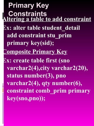 Primary Key Constraints Altering a table to add constraint Ex: alter table student_detail  add constraint stu_prim primary key(sid); Composite Primary Key Ex: create table first (sno varchar2(4),city varchar2(20), status number(3), pno varchar2(4), qty number(6), constraint comb_prim primary key(sno,pno)); 