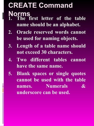 CREATE Command Norms The first letter of the table name should be an alphabet. Oracle reserved words cannot be used for naming objects. Length of a table name should not exceed 30 characters. Two different tables cannot have the same name. Blank spaces or single quotes cannot be used with the table names. Numerals & underscore can be used. 