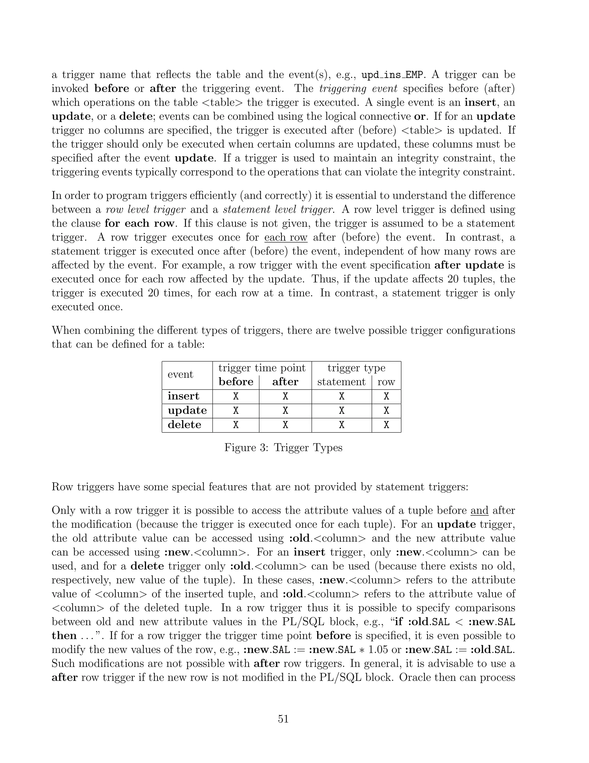 a trigger name that reﬂects the table and the event(s), e.g., upd ins EMP. A trigger can be invoked before or after the triggering event. The triggering event speciﬁes before (after) which operations on the table table the trigger is executed. A single event is an insert, an update, or a delete; events can be combined using the logical connective or. If for an update trigger no columns are speciﬁed, the trigger is executed after (before) table is updated. If the trigger should only be executed when certain columns are updated, these columns must be speciﬁed after the event update. If a trigger is used to maintain an integrity constraint, the triggering events typically correspond to the operations that can violate the integrity constraint. In order to program triggers eﬃciently (and correctly) it is essential to understand the diﬀerence between a row level trigger and a statement level trigger. A row level trigger is deﬁned using the clause for each row. If this clause is not given, the trigger is assumed to be a statement trigger. A row trigger executes once for each row after (before) the event. In contrast, a statement trigger is executed once after (before) the event, independent of how many rows are aﬀected by the event. For example, a row trigger with the event speciﬁcation after update is executed once for each row aﬀected by the update. Thus, if the update aﬀects 20 tuples, the trigger is executed 20 times, for each row at a time. In contrast, a statement trigger is only executed once. When combining the diﬀerent types of triggers, there are twelve possible trigger conﬁgurations that can be deﬁned for a table: trigger time point trigger type event before after statement row insert X X X X update X X X X delete X X X X Figure 3: Trigger Types Row triggers have some special features that are not provided by statement triggers: Only with a row trigger it is possible to access the attribute values of a tuple before and after the modiﬁcation (because the trigger is executed once for each tuple). For an update trigger, the old attribute value can be accessed using :old.column and the new attribute value can be accessed using :new.column. For an insert trigger, only :new.column can be used, and for a delete trigger only :old.column can be used (because there exists no old, respectively, new value of the tuple). In these cases, :new.column refers to the attribute value of column of the inserted tuple, and :old.column refers to the attribute value of column of the deleted tuple. In a row trigger thus it is possible to specify comparisons between old and new attribute values in the PL/SQL block, e.g., “if :old.SAL :new.SAL then . . . ”. If for a row trigger the trigger time point before is speciﬁed, it is even possible to modify the new values of the row, e.g., :new.SAL := :new.SAL ∗ 1.05 or :new.SAL := :old.SAL. Such modiﬁcations are not possible with after row triggers. In general, it is advisable to use a after row trigger if the new row is not modiﬁed in the PL/SQL block. Oracle then can process 51 