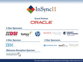 Event Partner



5 Star Sponsors




4 Star Sponsor                          3 Star Sponsors



Welcome Reception Sponsor



                        The most comprehensive Oracle applications & technology content under one roof
 