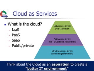 Cloud as Services
   What is the cloud?
     •   IaaS
     •   PaaS
     •   SaaS
     •   Public/private




    Think about the Cloud as an aspiration to create a
               “better IT environment”
 