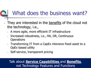 What does the business want?
•   They are interested in the benefits of the cloud not
    the technology, i.e.,
    •   A more agile, more efficient IT infrastructure
    •   Increased robustness, i.e., HA, DR, Continuous
        Operations
    •   Transforming IT from a CapEx intensive fixed asset to a
        OpEx based utility
    •   Self-service, transparent pricing


        Talk about Service Capabilities and Benefits,
             not Technology Features and Functions
 