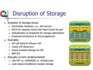 Disruption of Storage
   Evolution of storage arrays
        Commodity hardware, i.e., x64 servers
        SATA for capacity mixed with Flash Cache for perf
        Deduplication & Snapshots for storage optimisation
        Clustered architecture & virtual appliances
   Examples
        HP Left Hand & VMware vSA
        Oracle zFS fileservers
        Oracle Exadata Storage for DB
        IBM XIV
   Disrupts current vendors/market
        Like M/F vs. UNIX/RISC vs. Wintel/Lintel
        Look beyond traditional modular storage
 