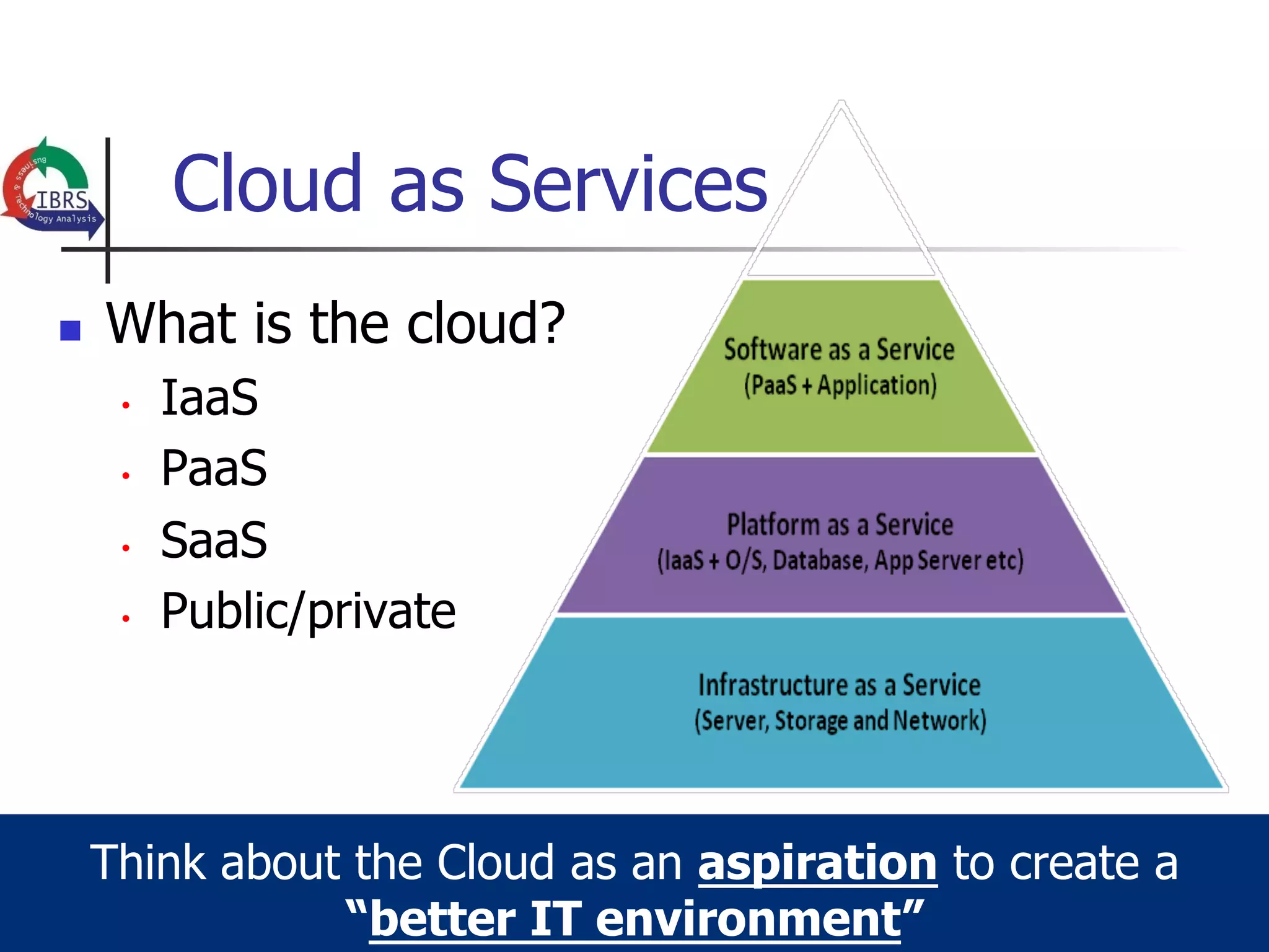 Cloud as Services
n    What is the cloud?
       •    IaaS
       •    PaaS
       •    SaaS
       •    Public/private




      Think about the Cloud as an aspiration to create a
                 “better IT environment”
 