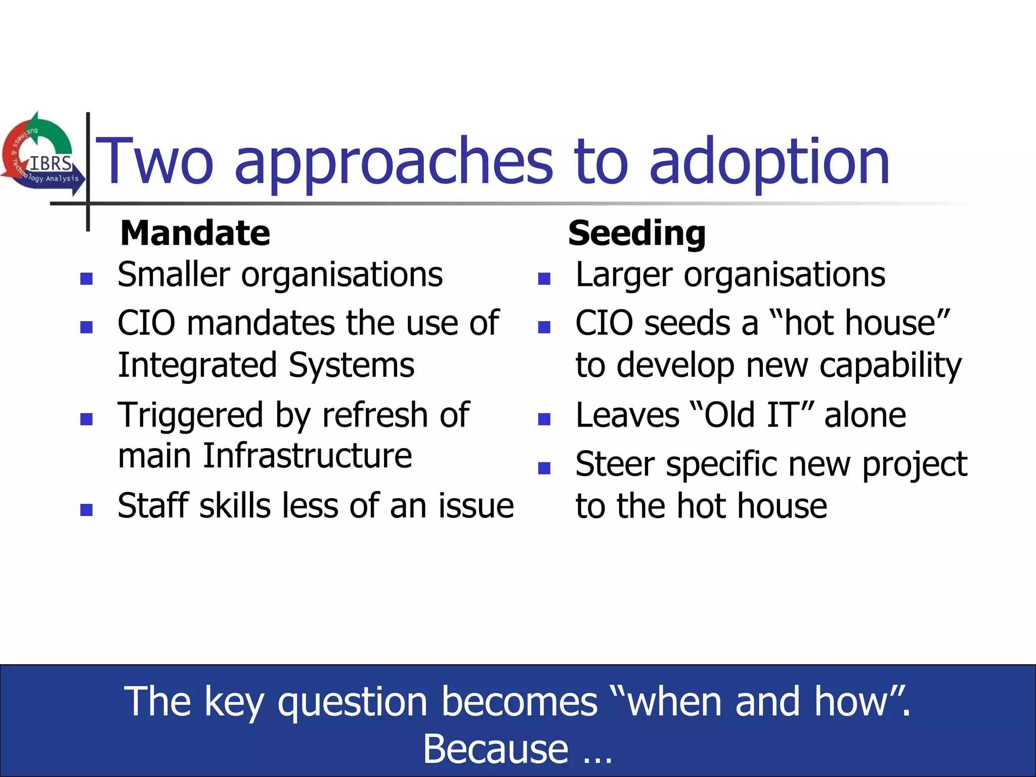 Two approaches to adoption
      Mandate                               Seeding
n    Smaller organisations           n    Larger organisations
n    CIO mandates the use of         n    CIO seeds a “hot house”
      Integrated Systems                    to develop new capability
n    Triggered by refresh of         n    Leaves “Old IT” alone
      main Infrastructure             n    Steer specific new project
n    Staff skills less of an issue         to the hot house




      The key question becomes “when and how”.
                      Because …
 