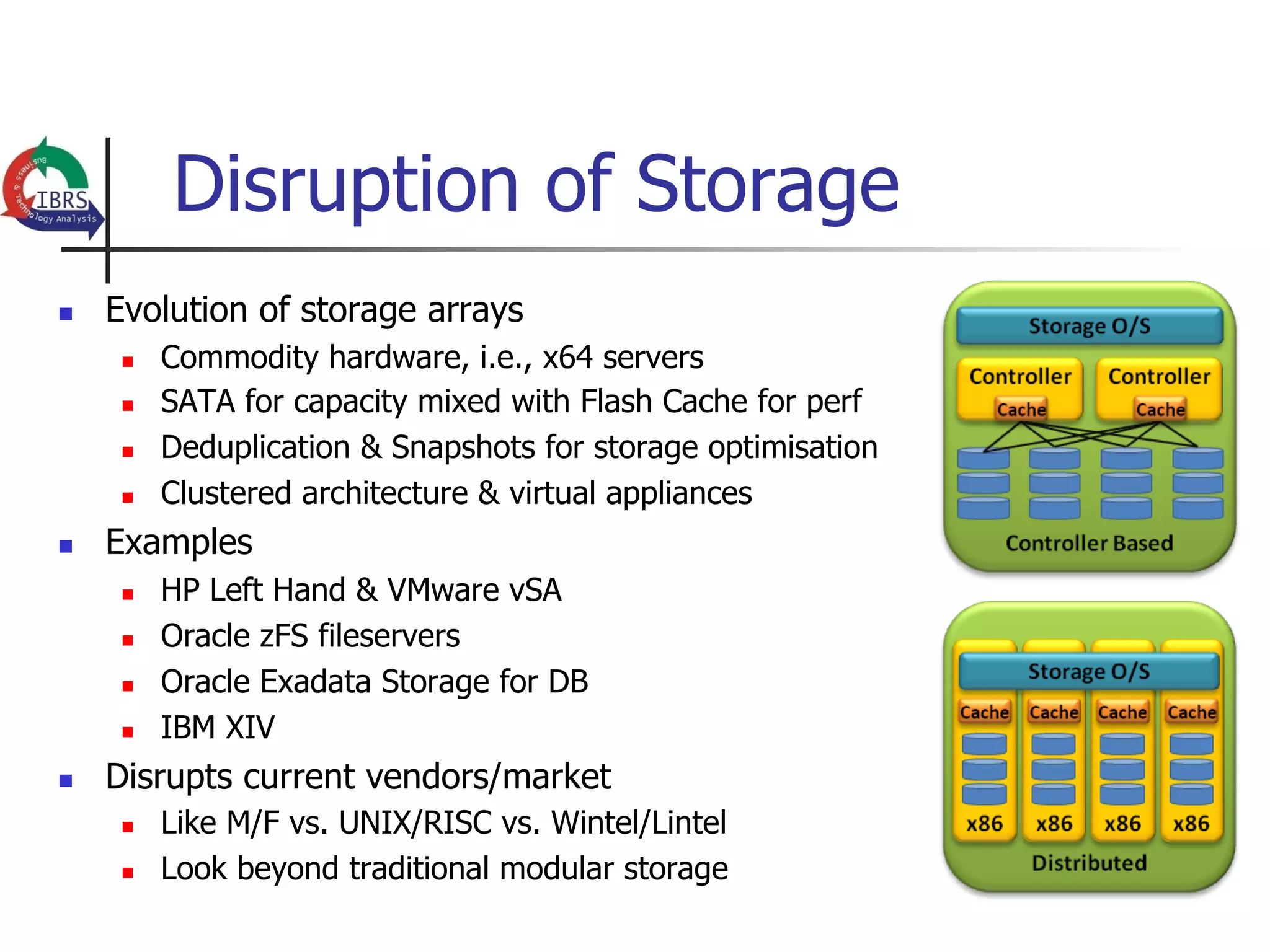 Disruption of Storage
n    Evolution of storage arrays
       n    Commodity hardware, i.e., x64 servers
       n    SATA for capacity mixed with Flash Cache for perf
       n    Deduplication & Snapshots for storage optimisation
       n    Clustered architecture & virtual appliances
n    Examples
       n    HP Left Hand & VMware vSA
       n    Oracle zFS fileservers
       n    Oracle Exadata Storage for DB
       n    IBM XIV
n    Disrupts current vendors/market
       n    Like M/F vs. UNIX/RISC vs. Wintel/Lintel
       n    Look beyond traditional modular storage
 