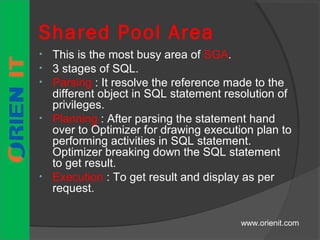 Shared Pool Area
• This is the most busy area of SGA.
• 3 stages of SQL.
• Parsing : It resolve the reference made to the
...