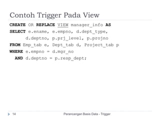 Contoh Trigger Pada View
CREATE OR REPLACE VIEW manager_info AS
SELECT e.ename, e.empno, d.dept_type,
d.deptno, p.prj_level, p.projno
FROM Emp_tab e, Dept_tab d, Project_tab p
WHERE e.empno = d.mgr_no
AND d.deptno = p.resp_dept;
Perancangan Basis Data - Trigger14
 