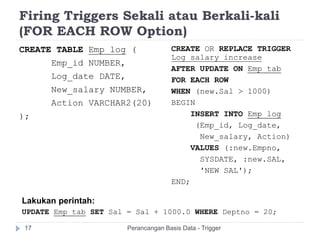 Firing Triggers Sekali atau Berkali-kali
(FOR EACH ROW Option)
CREATE TABLE Emp_log (
Emp_id NUMBER,
Log_date DATE,
New_salary NUMBER,
Action VARCHAR2(20)
);
CREATE OR REPLACE TRIGGER
Log_salary_increase
AFTER UPDATE ON Emp_tab
FOR EACH ROW
WHEN (new.Sal > 1000)
BEGIN
INSERT INTO Emp_log
(Emp_id, Log_date,
New_salary, Action)
VALUES (:new.Empno,
SYSDATE, :new.SAL,
'NEW SAL');
END;
Lakukan perintah:
UPDATE Emp_tab SET Sal = Sal + 1000.0 WHERE Deptno = 20;
Perancangan Basis Data - Trigger17
 