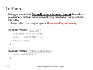 Latihan
 Menggunakan tabel Penjual(nama, minuman, harga) dan sebuah
relasi unary, simpan daftar penjual yang menaikkan harga sebesar
Rp.1000.
 Misal relasi Unary-nya kepada: KumpulanPenjual(nama).
CREATE TABLE Penjual(
minuman VARCHAR(10),
nama VARCHAR(13),
harga FLOAT
);
CREATE TABLE KumpulanPenjual(
nama VARCHAR(13)
);
Perancangan Basis Data - Trigger21
 