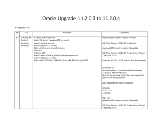 Oracle Upgrade 11.2.0.3 to 11.2.0.4
Pre Upgrade Tasks
No
.
Task Procedure Comments
1.1 Checking the
Original
Version of
Database
1. Check OraclePatch Set
Logon DB Server ' reuxgbuz338 ' as oracxl
oracxl>sqlplus -version
oracxl>sqlplus/ as sysdba
SQL> select version from v$instance;
SQL> exit
2. Check SBP
oracxl>more $ORACLE_HOME/sapbundle/version.txt
oracxl>sqlplus/ as sysdba
SQL> select VERSION, COMMENTS from DBA_REGISTRY_HISTORY;
reuxeuuz1097:orapml> sqlplus -version
SQL*Plus: Release 11.2.0.2.0 Production
reuxeuuz1097:orapml> sqlplus / as sysdba
SQL*Plus: Release 11.2.0.2.0 Production on Thu Jul
3 13:07:56 2014
Copyright (c) 1982, 2010,Oracle. All rights reserved.
Connected to:
OracleDatabase11gEnterprise Edition Release
11.2.0.2.0 - 64bitProduction
With the Partitioning,OLAP, Data Miningand Real
Application Testingoptions
SQL> select version from v$instance;
VERSION
-----------------
11.2.0.2.0
SQL> exit
reuxeuuz1097:orapml> sqlplus / as sysdba
SQL*Plus: Release 11.2.0.2.0 Production on Thu Jul
3 13:09:12 2014
 