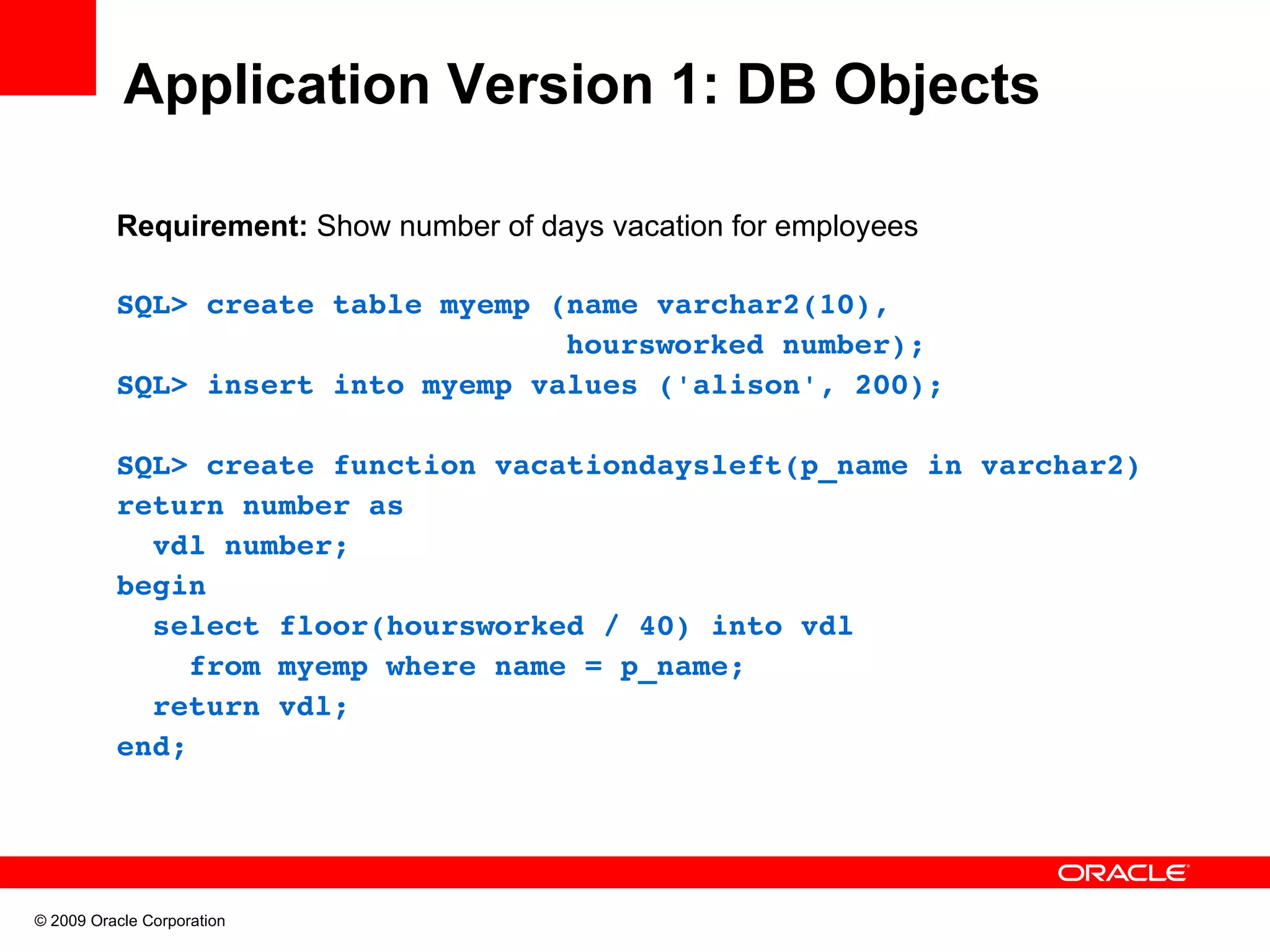 Application Version 1: DB Objects Requirement: Show number of days vacation for employees SQL> create table myemp (name varchar2(10),                           hoursworked number); SQL> insert into myemp values ('alison', 200); SQL> create function vacationdaysleft(p_name in varchar2) return number as   vdl number; begin   select floor(hoursworked / 40) into vdl     from myemp where name = p_name;   return vdl; end; © 2009 Oracle Corporation 