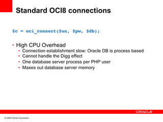 Standard OCI8 connections

       $c = oci_connect($un, $pw, $db);


       • High CPU Overhead
          • Connection establishment slow: Oracle DB is process based
          • Cannot handle the Digg effect
          • One database server process per PHP user
          • Maxes out database server memory




© 2009 Oracle Corporation
 