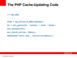 The PHP Cache-Updating Code

           // cqn.php
           . . .
           $tab = my_filter($_GET[tabname);
           $s = oci_parse($c, "select * from ".$tab);
           oci_execute($s);
           oci_fetch_all($s, $data);
           $memcache­>set('key', serialize($data));




© 2009 Oracle Corporation
 