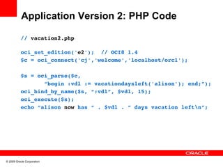 Application Version 2: PHP Code

          // vacation2.php

          oci_set_edition('e2');  // OCI8 1.4
          $c = oci_connect('cj','welcome','localhost/orcl');

          $s = oci_parse($c, 
                 “begin :vdl := vacationdaysleft('alison'); end;”);
          oci_bind_by_name($s, “:vdl”, $vdl, 15);
          oci_execute($s);
          echo “alison now has “ . $vdl . ” days vacation leftn”;




© 2009 Oracle Corporation
 