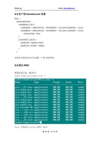 Dbabc.net                                                                     Email : dba@dbabc.net
-----------------------------------------------------------------------------------------------------------------

6.5.客户端 tnsname.ora 设置
RAC =
   (DESCRIPTION =
     (ADDRESS_LIST =
           (ADDRESS = (PROTOCOL = TCP)(HOST = 192.168.0.30)(PORT = 1521))
           (ADDRESS = (PROTOCOL = TCP)(HOST = 192.168.0.31)(PORT = 1521))
              (FAILOVER = ON)
       )
       (CONNECT_DATA =
         (SERVER = DEDICATED)
           (SERVICE_NAME = hfthrp)
       )
   )


如果有必要的话也可以设置一个 IP 连接单机


6.6.测试 RAC


配置安装完成。测试如下
node1</home/oracle>$crs_stat -t




State 全部显示 online 说明一切 ok

                                                 第 50 页，共 51 页
 