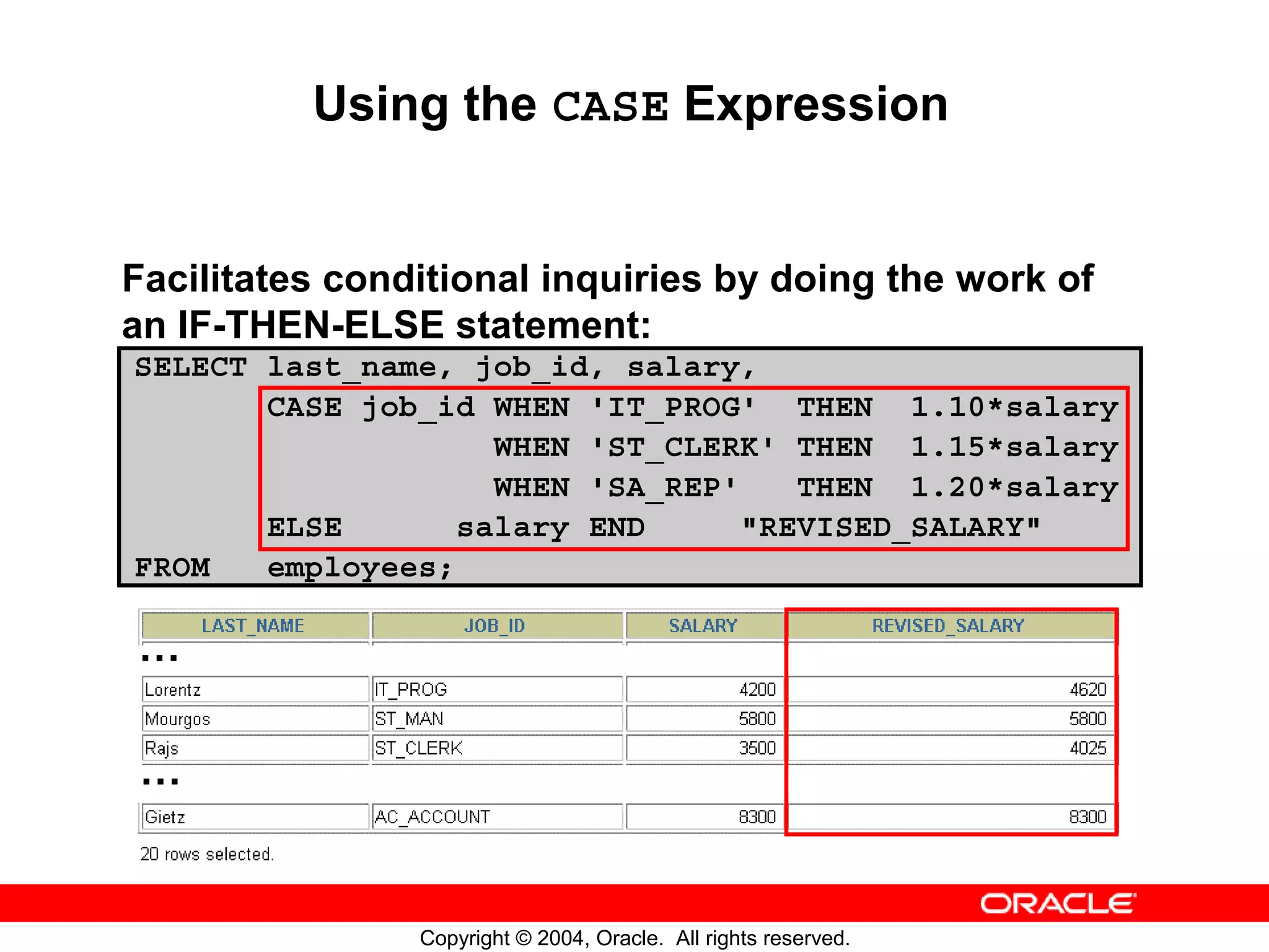 Using the CASE Expression Facilitates conditional inquiries by doing the work of an IF-THEN-ELSE statement: SELECT last_name, job_id, salary, CASE job_id WHEN 'IT_PROG' THEN 1.10*salary WHEN 'ST_CLERK' THEN 1.15*salary WHEN 'SA_REP' THEN 1.20*salary ELSE salary END "REVISED_SALARY" FROM employees; … … Copyright © 2004, Oracle. All rights reserved. 