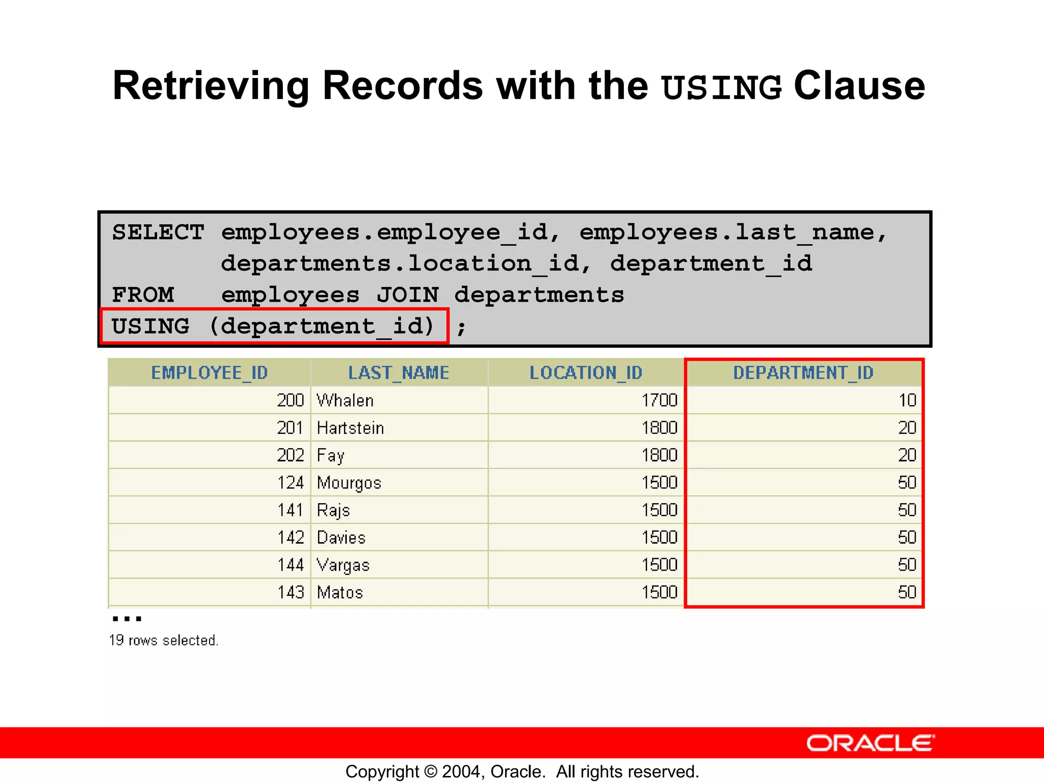 Retrieving Records with the USING Clause SELECT employees.employee_id, employees.last_name, departments.location_id, department_id FROM employees JOIN departments USING (department_id) ; … Copyright © 2004, Oracle. All rights reserved. 