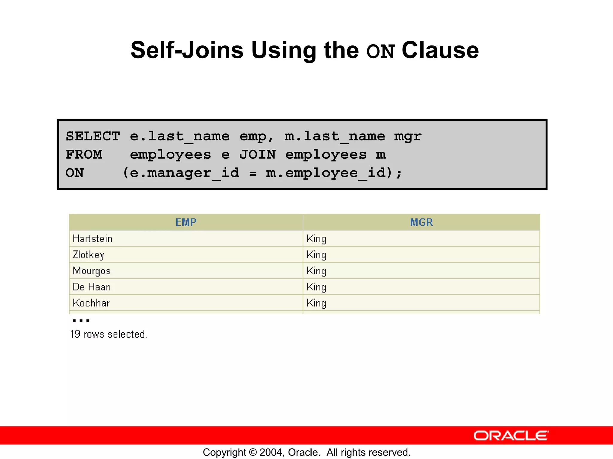 Self-Joins Using the ON Clause SELECT e.last_name emp, m.last_name mgr FROM employees e JOIN employees m ON (e.manager_id = m.employee_id); … Copyright © 2004, Oracle. All rights reserved. 