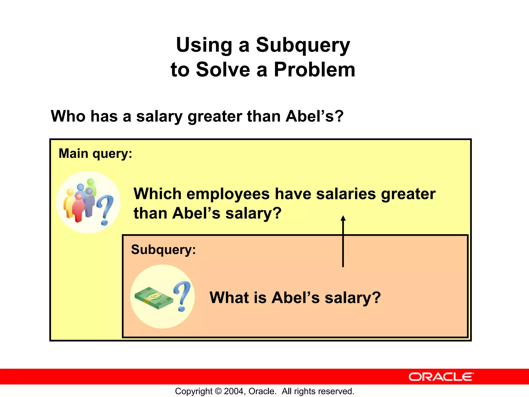Using a Subquery to Solve a Problem Who has a salary greater than Abel’s? Main query: Which employees have salaries greater than Abel’s salary? Subquery: What is Abel’s salary? Copyright © 2004, Oracle. All rights reserved. 