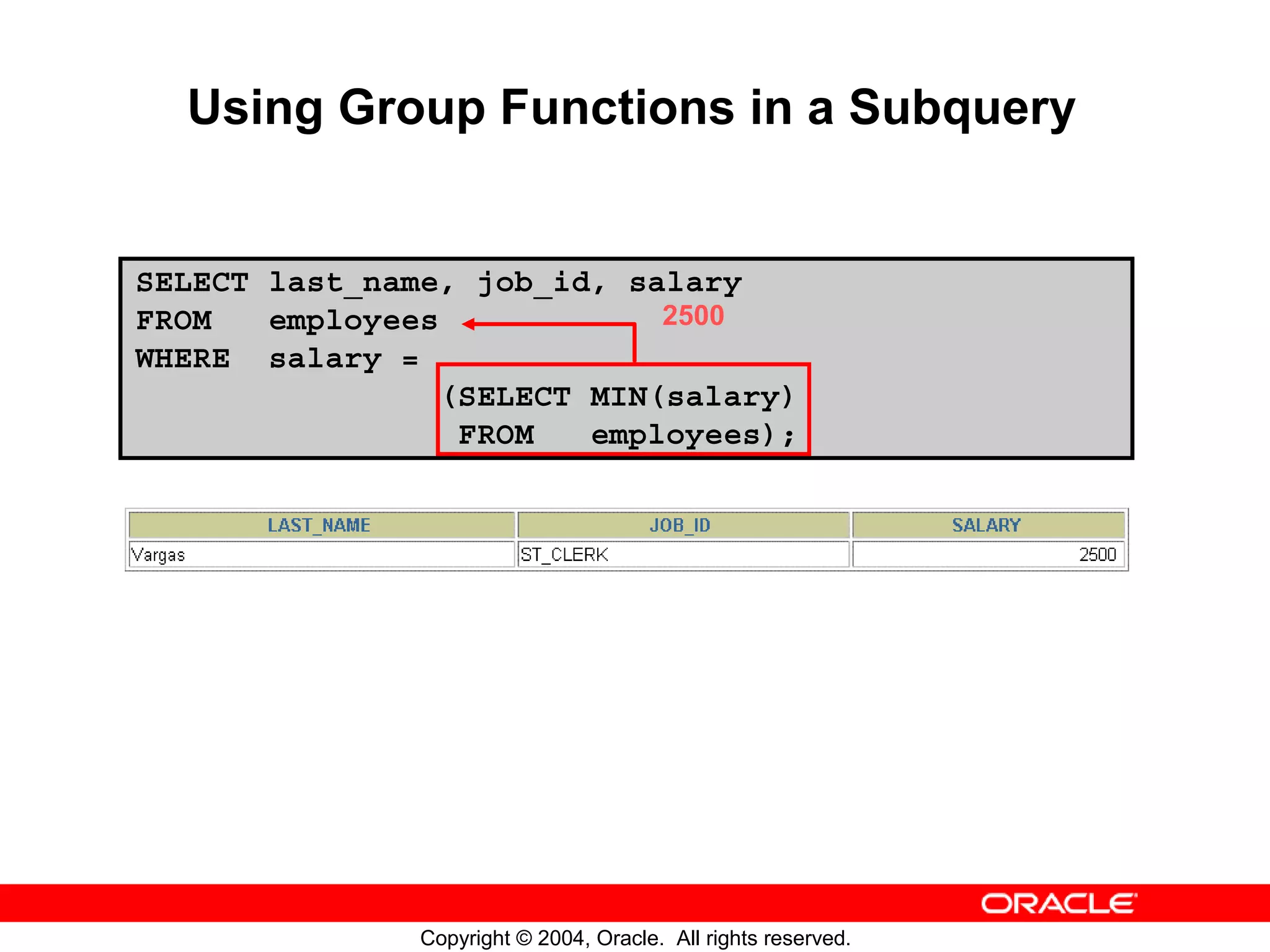 Using Group Functions in a Subquery SELECT last_name, job_id, salary FROM employees 2500 WHERE salary = (SELECT MIN(salary) FROM employees); Copyright © 2004, Oracle. All rights reserved. 