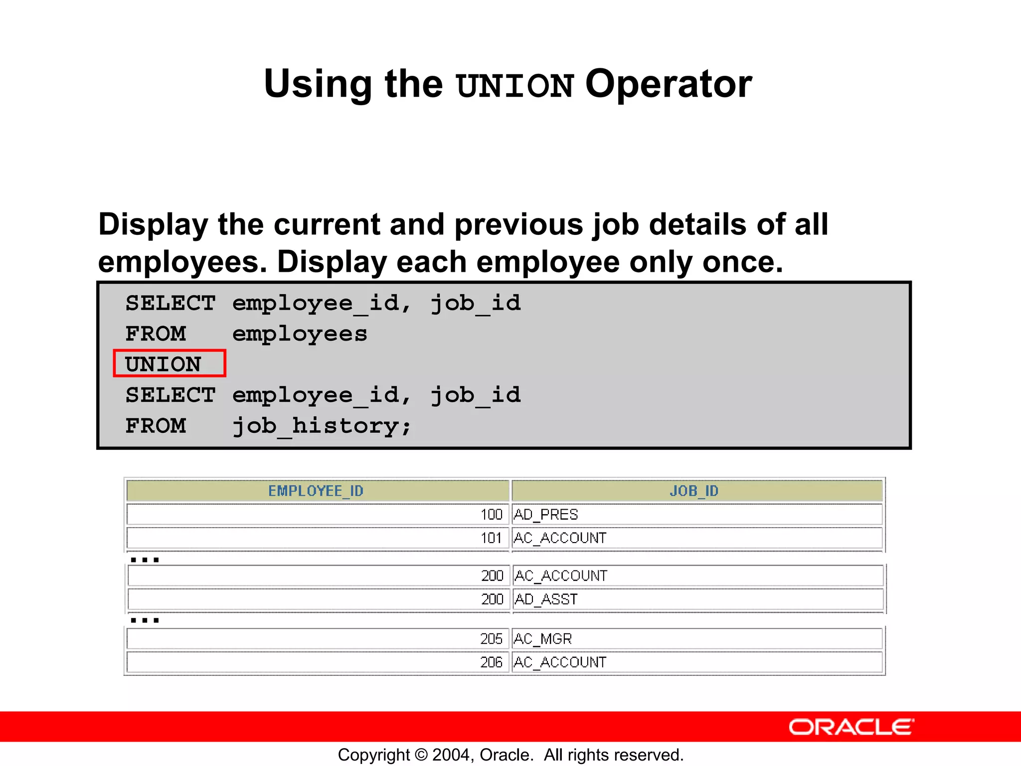 Using the UNION Operator Display the current and previous job details of all employees. Display each employee only once. SELECT employee_id, job_id FROM employees UNION SELECT employee_id, job_id FROM job_history; … … Copyright © 2004, Oracle. All rights reserved. 