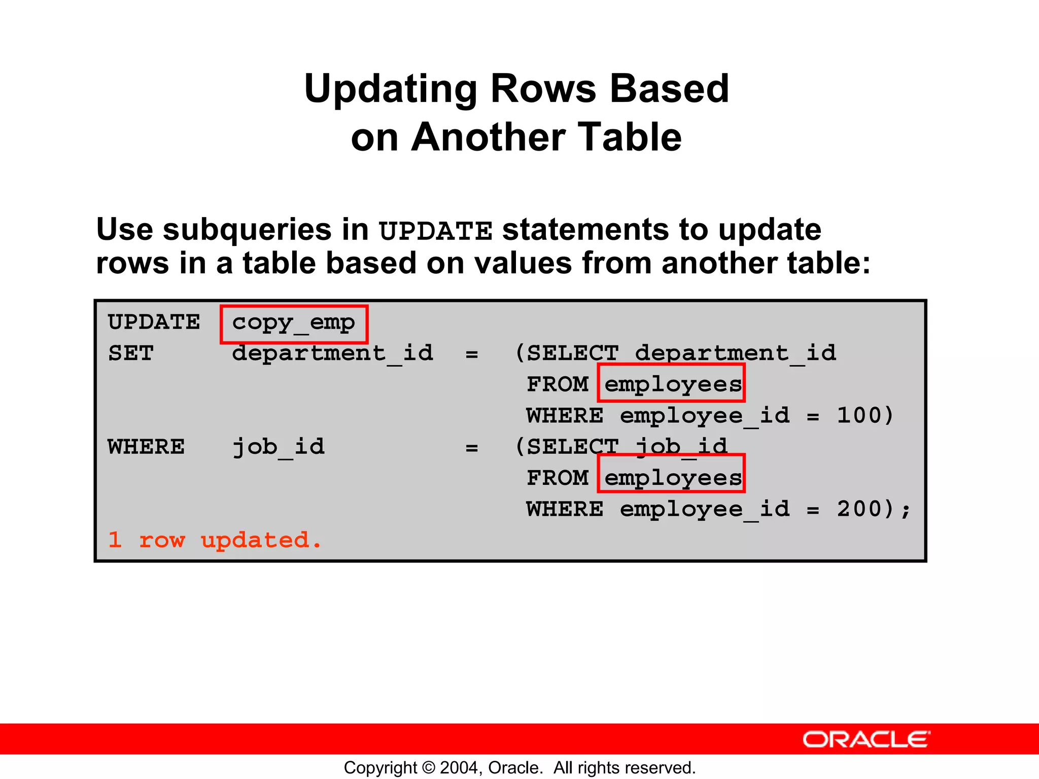 Updating Rows Based on Another Table Use subqueries in UPDATE statements to update rows in a table based on values from another table: UPDATE copy_emp SET department_id = (SELECT department_id FROM employees WHERE employee_id = 100) WHERE job_id = (SELECT job_id FROM employees WHERE employee_id = 200); 1 row updated. Copyright © 2004, Oracle. All rights reserved. 