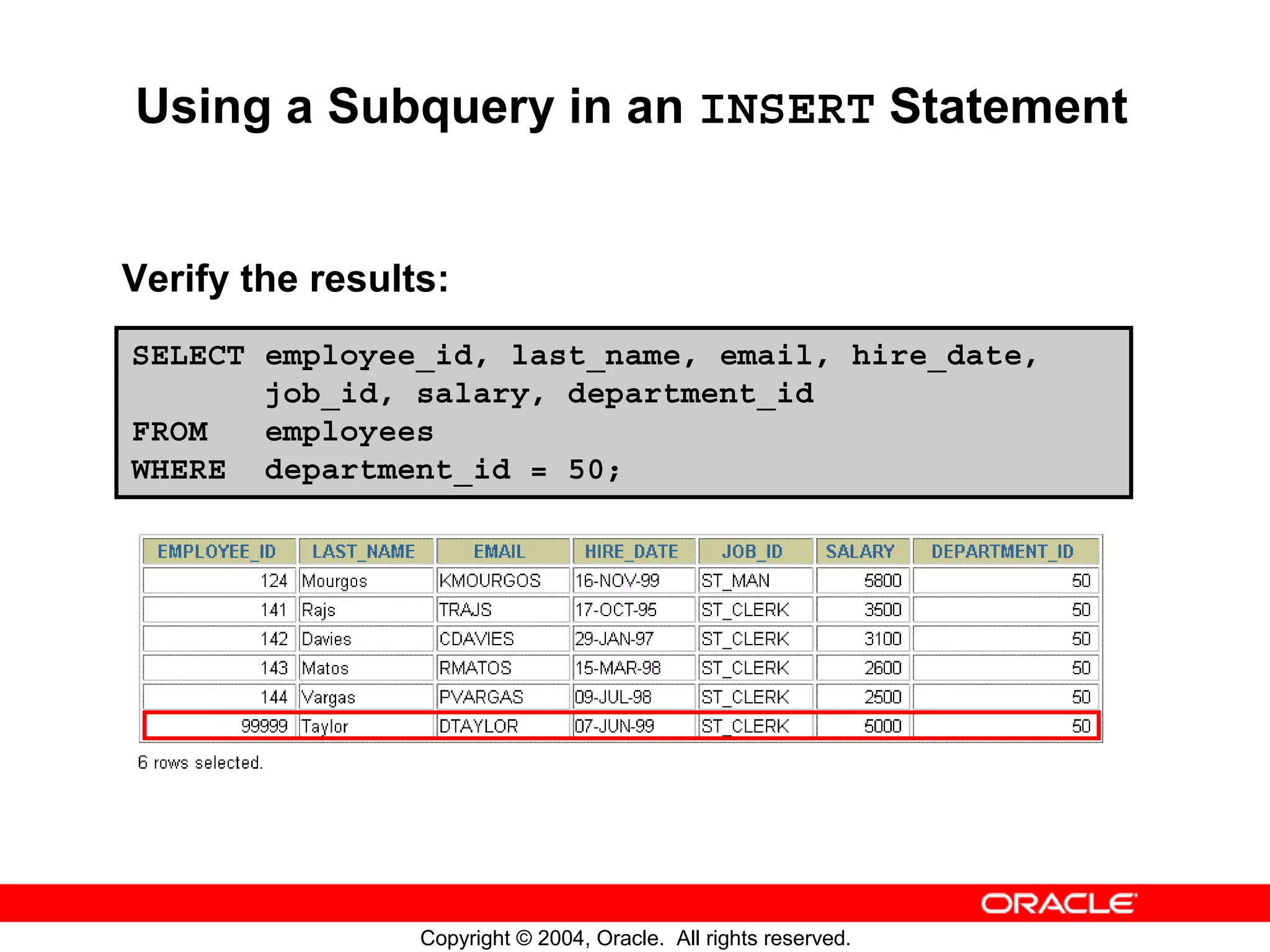Using a Subquery in an INSERT Statement Verify the results: SELECT employee_id, last_name, email, hire_date, job_id, salary, department_id FROM employees WHERE department_id = 50; Copyright © 2004, Oracle. All rights reserved. 