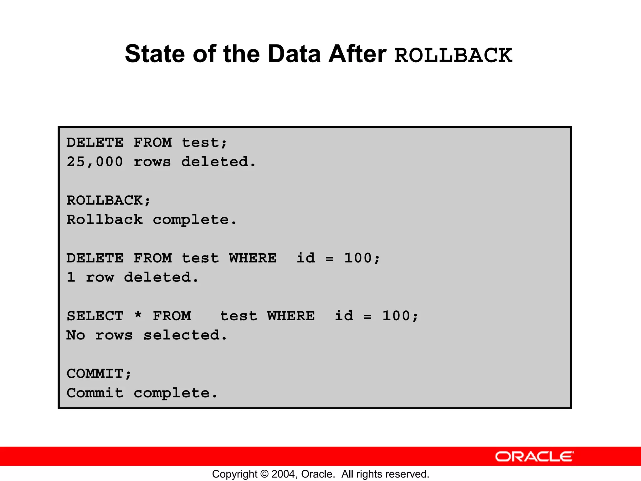 State of the Data After ROLLBACK DELETE FROM test; 25,000 rows deleted. ROLLBACK; Rollback complete. DELETE FROM test WHERE id = 100; 1 row deleted. SELECT * FROM test WHERE id = 100; No rows selected. COMMIT; Commit complete. Copyright © 2004, Oracle. All rights reserved. 