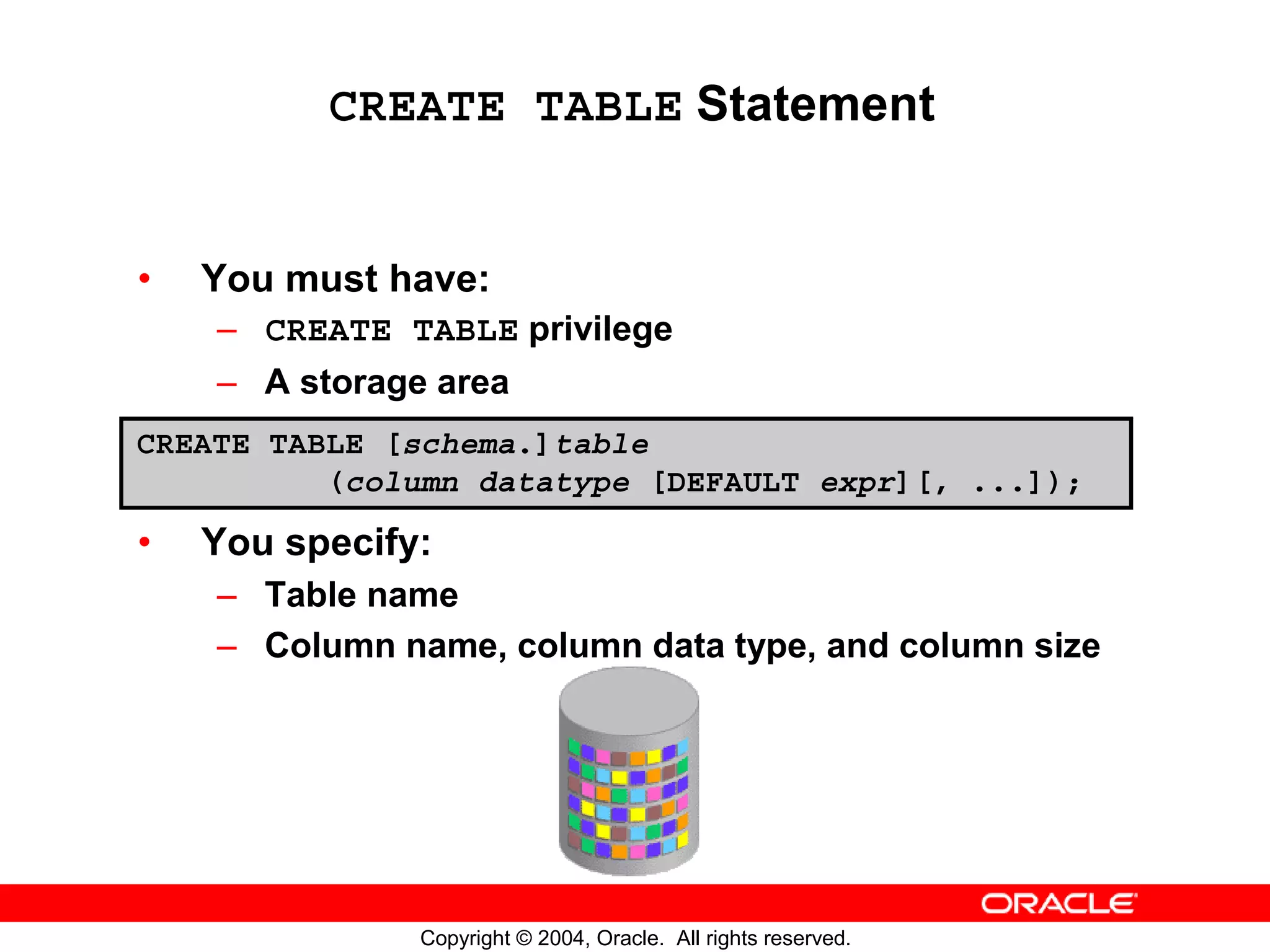 CREATE TABLE Statement • You must have: – CREATE TABLE privilege – A storage area CREATE TABLE [schema.]table (column datatype [DEFAULT expr][, ...]); • You specify: – Table name – Column name, column data type, and column size Copyright © 2004, Oracle. All rights reserved. 