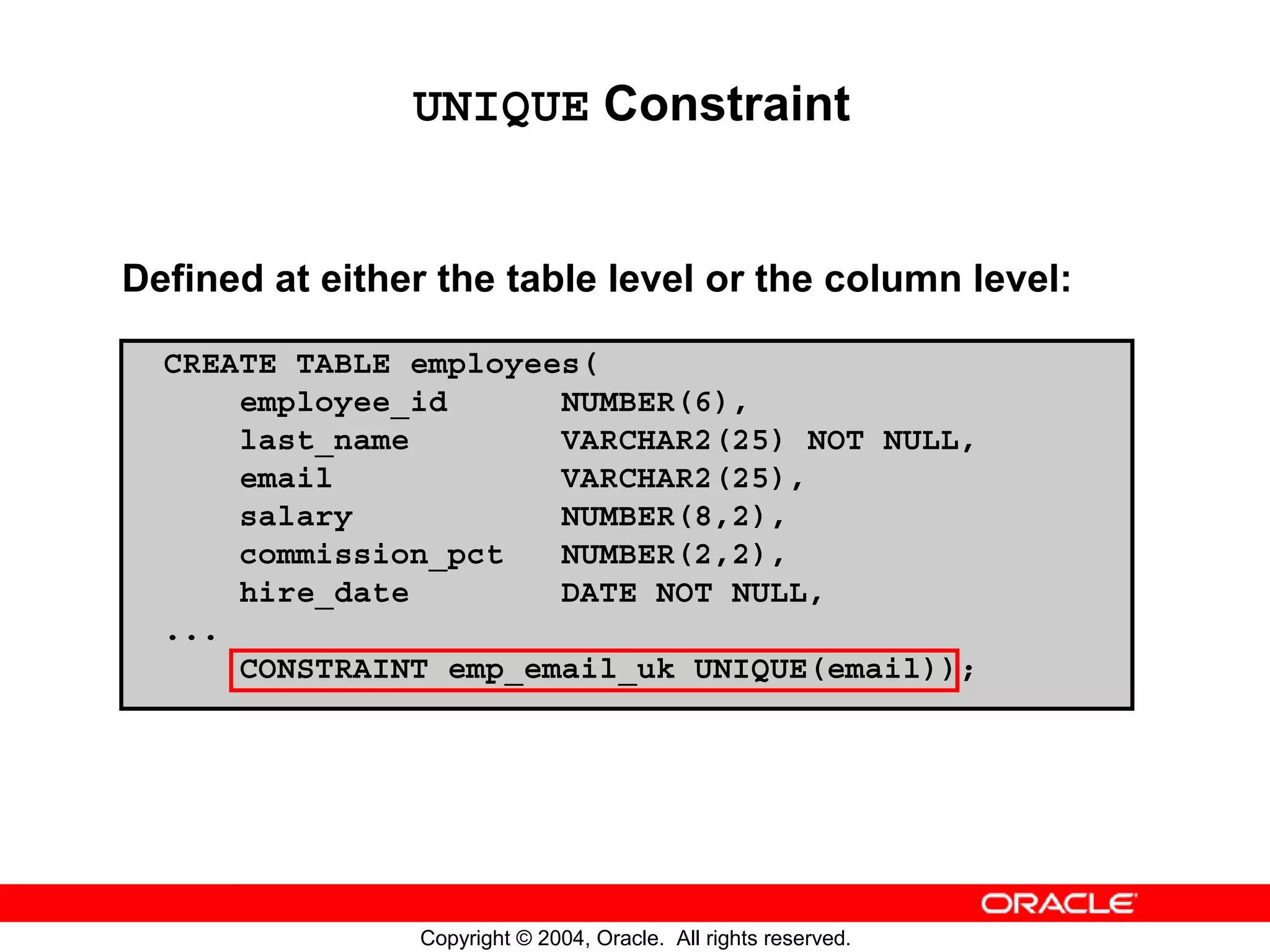 UNIQUE Constraint Defined at either the table level or the column level: CREATE TABLE employees( employee_id NUMBER(6), last_name VARCHAR2(25) NOT NULL, email VARCHAR2(25), salary NUMBER(8,2), commission_pct NUMBER(2,2), hire_date DATE NOT NULL, ... CONSTRAINT emp_email_uk UNIQUE(email)); Copyright © 2004, Oracle. All rights reserved. 