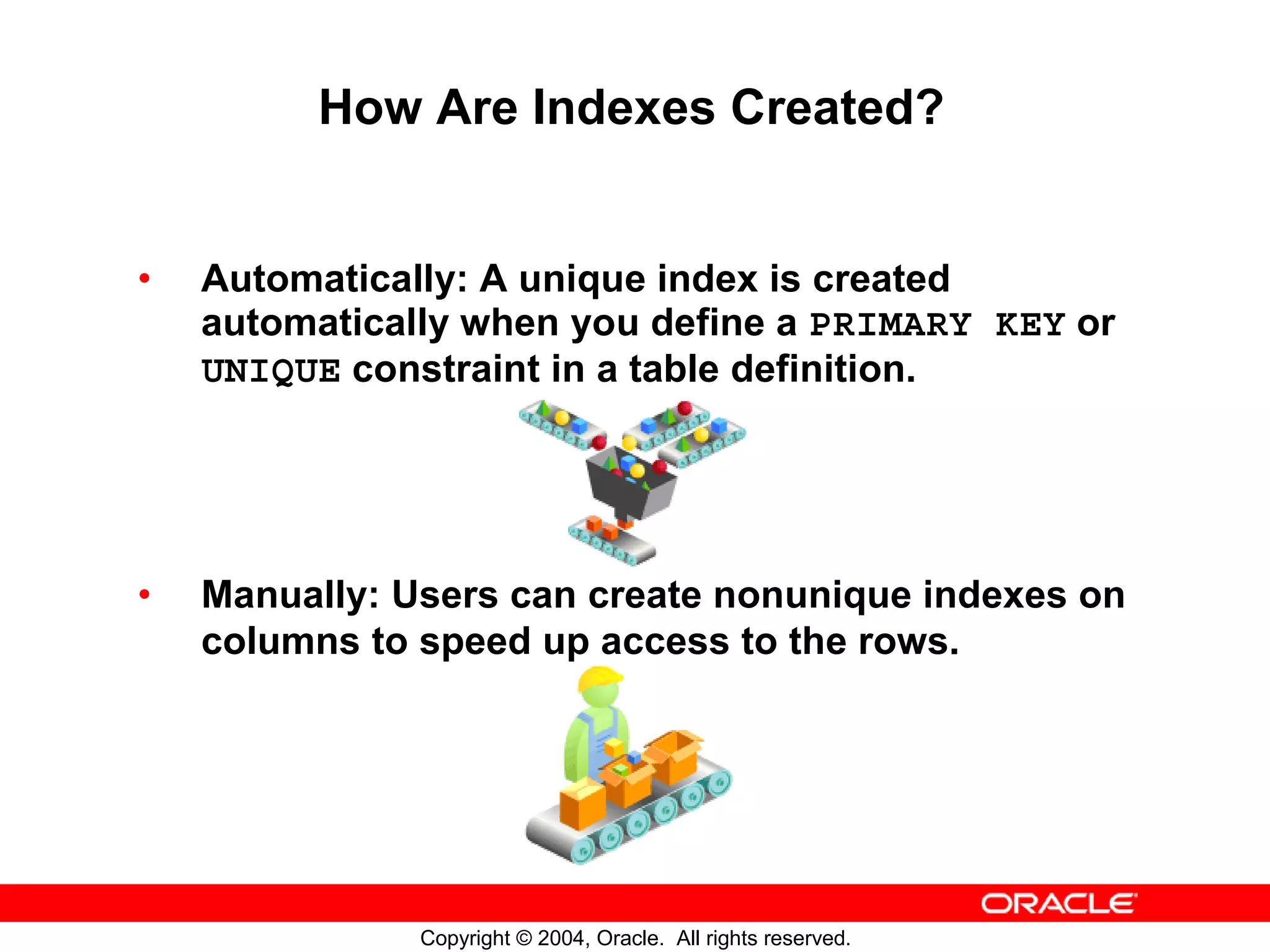 How Are Indexes Created? • Automatically: A unique index is created automatically when you define a PRIMARY KEY or UNIQUE constraint in a table definition. • Manually: Users can create nonunique indexes on columns to speed up access to the rows. Copyright © 2004, Oracle. All rights reserved. 