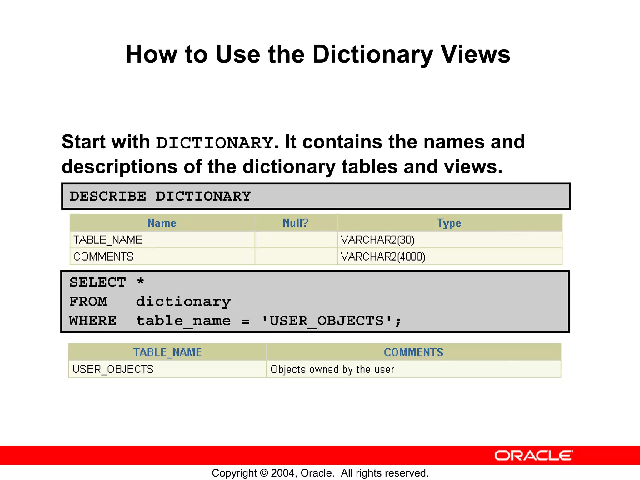 How to Use the Dictionary Views Start with DICTIONARY. It contains the names and descriptions of the dictionary tables and views. DESCRIBE DICTIONARY SELECT * FROM dictionary WHERE table_name = 'USER_OBJECTS'; Copyright © 2004, Oracle. All rights reserved. 