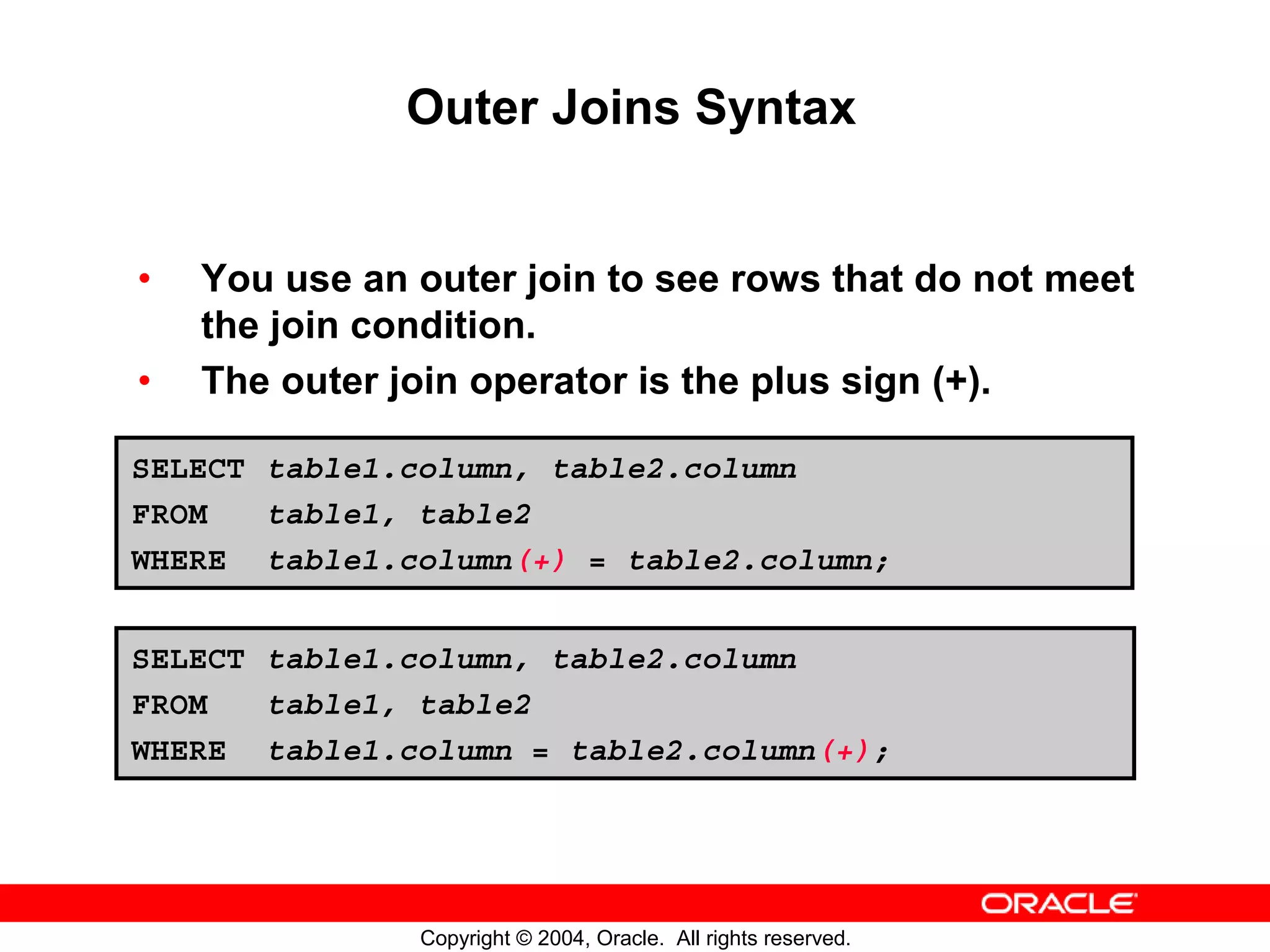Outer Joins Syntax • You use an outer join to see rows that do not meet the join condition. • The outer join operator is the plus sign (+). SELECT table1.column, table2.column FROM table1, table2 WHERE table1.column(+) = table2.column; SELECT table1.column, table2.column FROM table1, table2 WHERE table1.column = table2.column(+); Copyright © 2004, Oracle. All rights reserved. 