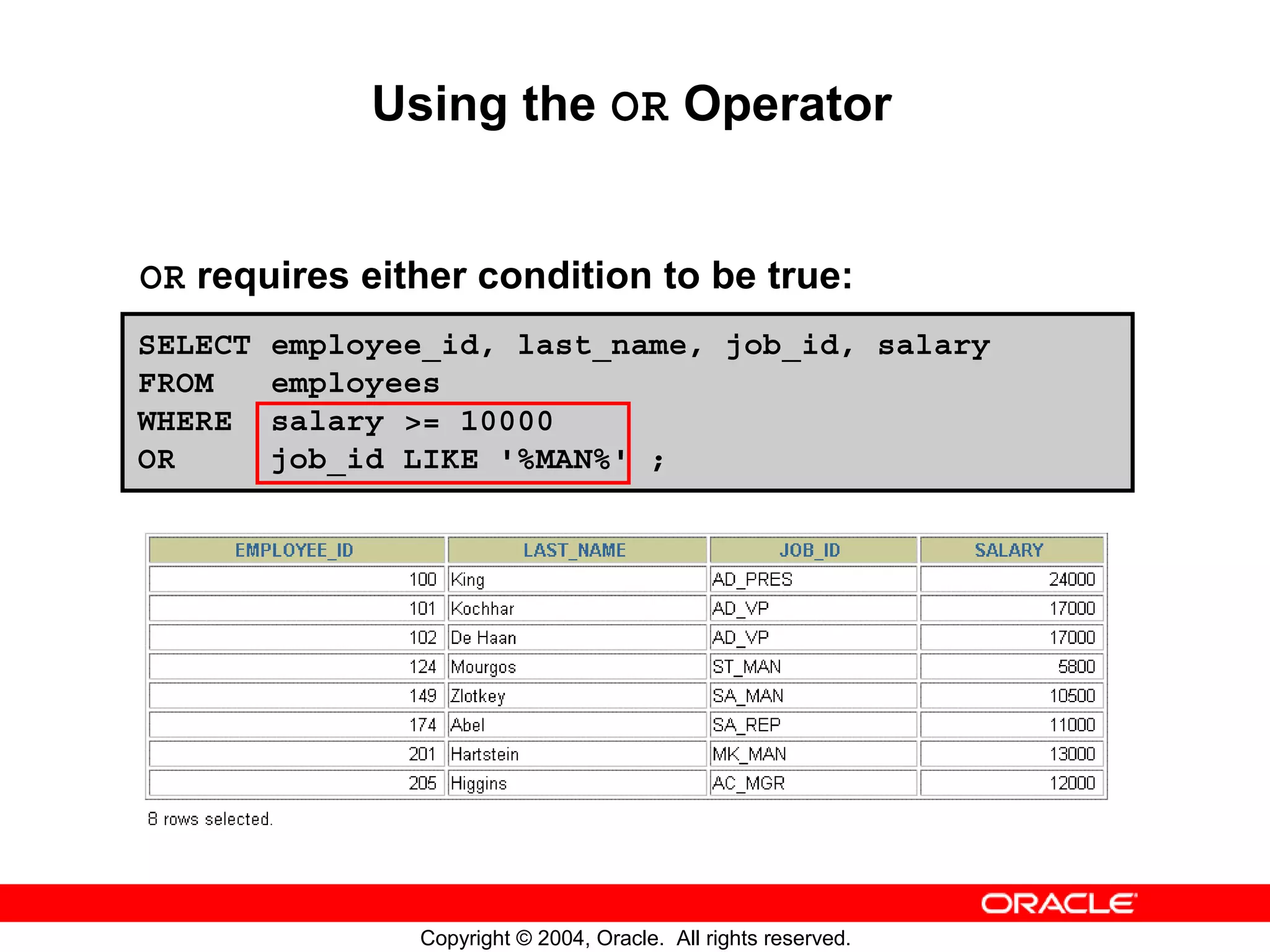 Using the OR Operator OR requires either condition to be true: SELECT employee_id, last_name, job_id, salary FROM employees WHERE salary >= 10000 OR job_id LIKE '%MAN%' ; Copyright © 2004, Oracle. All rights reserved. 