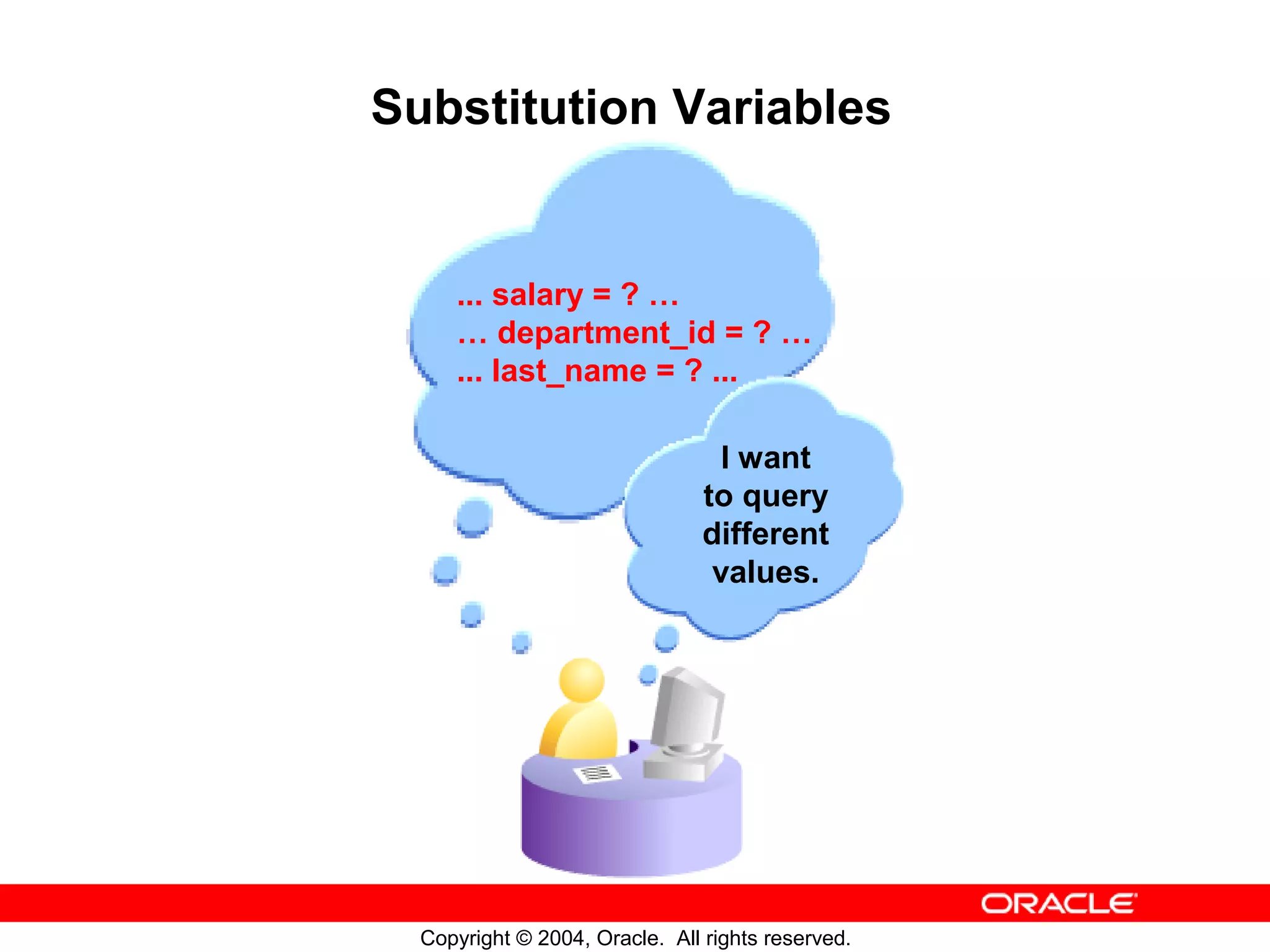 Substitution Variables ... salary = ? … … department_id = ? … ... last_name = ? ... I want to query different values. Copyright © 2004, Oracle. All rights reserved. 