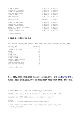 ALTER DATABASE                             BY   ACCESS   BY   ACCESS
CREATE ANY PROCEDURE                       BY   ACCESS   BY   ACCESS
ALTER ANY PROCEDURE                        BY   ACCESS   BY   ACCESS
DROP ANY PROCEDURE                         BY   ACCESS   BY   ACCESS
ALTER PROFILE                              BY   ACCESS   BY   ACCESS
DROP PROFILE                               BY   ACCESS   BY   ACCESS

AUDIT_OPTION                               SUCCESS       FAILURE
----------------------------------------   ----------    ----------
GRANT ANY PRIVILEGE                        BY ACCESS     BY ACCESS
CREATE ANY LIBRARY                         BY ACCESS     BY ACCESS
EXEMPT ACCESS POLICY                       BY ACCESS     BY ACCESS
GRANT ANY OBJECT PRIVILEGE                 BY ACCESS     BY ACCESS
CREATE ANY JOB                             BY ACCESS     BY ACCESS
CREATE EXTERNAL JOB                        BY ACCESS     BY ACCESS

28 rows selected.


当前数据库中的现有的审计记录:


SQL> select action_name,count(*) from dba_audit_trail group by action_name;

ACTION_NAME                    COUNT(*)
---------------------------- ----------
LOGOFF BY CLEANUP                    40
LOGON                               460
LOGOFF                              377
ALTER USER                            2
SYSTEM GRANT                         12
ALTER SYSTEM                         10
CREATE PUBLIC SYNONYM                 5
ALTER DATABASE                        2
CREATE DATABASE LINK                  1
DROP PUBLIC SYNONYM                   5

10 rows selected.




在 11g 中默认启用了对登录注销操作 LOGON/LOGOFF 的审计，详见<11g 默认审计选项>。
利用这一点我们可以很方便地从审计日志中找出数据库中的密码暴力破解者。如以下演示:




C:UsersMaclean Liu>sqlplus system/try_password@G11R2

SQL*Plus: Release 11.2.0.1.0 Production on Mon Jul 4 21:37:44 2011

Copyright (c) 1982, 2010, Oracle.   All rights reserved.

ERROR:
ORA-01017: invalid username/password; logon denied

select username,userhost,terminal,timestamp,action_name,os_process
 from dba_audit_trail
 