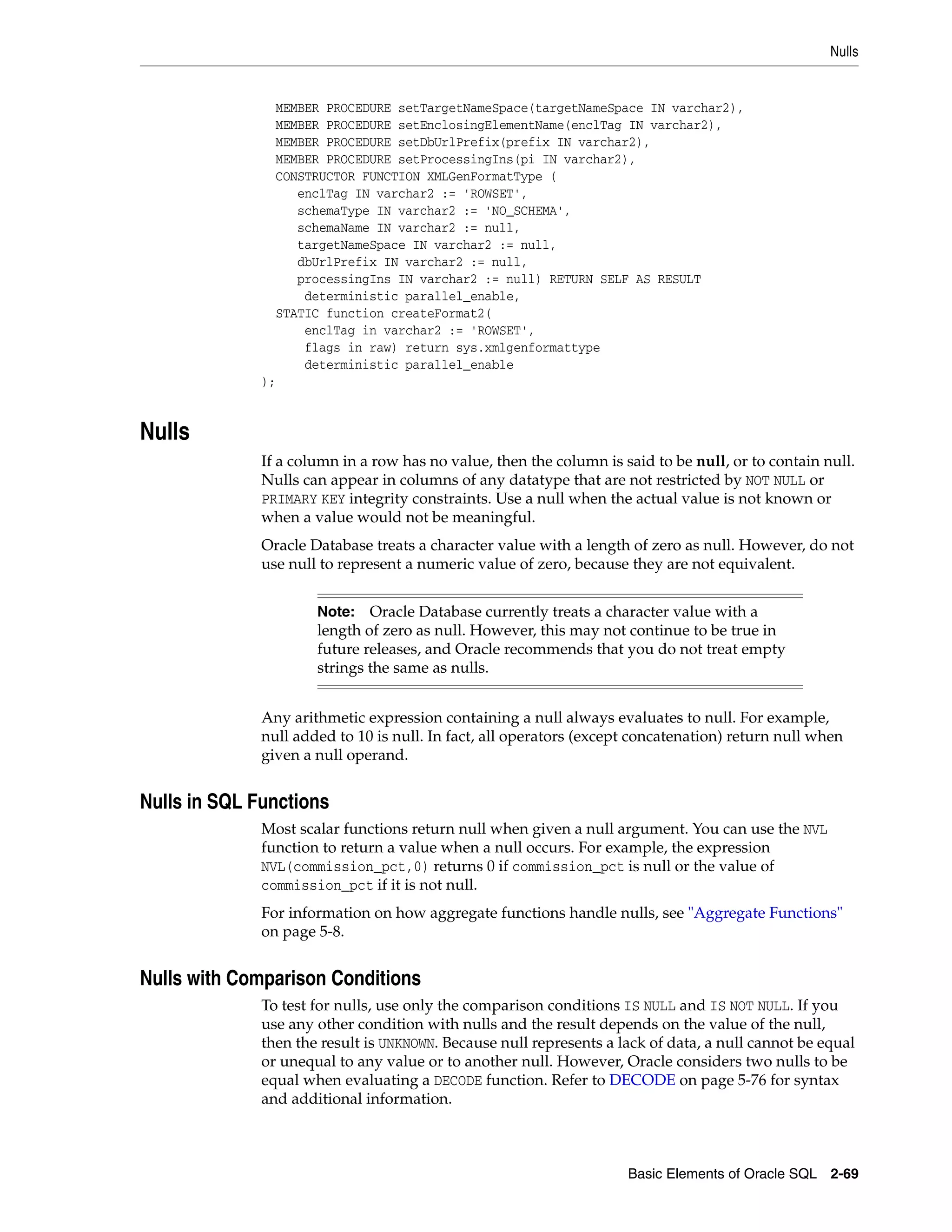 Nulls
Basic Elements of Oracle SQL 2-69
MEMBER PROCEDURE setTargetNameSpace(targetNameSpace IN varchar2),
MEMBER PROCEDURE setEnclosingElementName(enclTag IN varchar2),
MEMBER PROCEDURE setDbUrlPrefix(prefix IN varchar2),
MEMBER PROCEDURE setProcessingIns(pi IN varchar2),
CONSTRUCTOR FUNCTION XMLGenFormatType (
enclTag IN varchar2 := 'ROWSET',
schemaType IN varchar2 := 'NO_SCHEMA',
schemaName IN varchar2 := null,
targetNameSpace IN varchar2 := null,
dbUrlPrefix IN varchar2 := null,
processingIns IN varchar2 := null) RETURN SELF AS RESULT
deterministic parallel_enable,
STATIC function createFormat2(
enclTag in varchar2 := 'ROWSET',
flags in raw) return sys.xmlgenformattype
deterministic parallel_enable
);
Nulls
If a column in a row has no value, then the column is said to be null, or to contain null.
Nulls can appear in columns of any datatype that are not restricted by NOT NULL or
PRIMARY KEY integrity constraints. Use a null when the actual value is not known or
when a value would not be meaningful.
Oracle Database treats a character value with a length of zero as null. However, do not
use null to represent a numeric value of zero, because they are not equivalent.
Any arithmetic expression containing a null always evaluates to null. For example,
null added to 10 is null. In fact, all operators (except concatenation) return null when
given a null operand.
Nulls in SQL Functions
Most scalar functions return null when given a null argument. You can use the NVL
function to return a value when a null occurs. For example, the expression
NVL(commission_pct,0) returns 0 if commission_pct is null or the value of
commission_pct if it is not null.
For information on how aggregate functions handle nulls, see "Aggregate Functions"
on page 5-8.
Nulls with Comparison Conditions
To test for nulls, use only the comparison conditions IS NULL and IS NOT NULL. If you
use any other condition with nulls and the result depends on the value of the null,
then the result is UNKNOWN. Because null represents a lack of data, a null cannot be equal
or unequal to any value or to another null. However, Oracle considers two nulls to be
equal when evaluating a DECODE function. Refer to DECODE on page 5-76 for syntax
and additional information.
Note: Oracle Database currently treats a character value with a
length of zero as null. However, this may not continue to be true in
future releases, and Oracle recommends that you do not treat empty
strings the same as nulls.
 