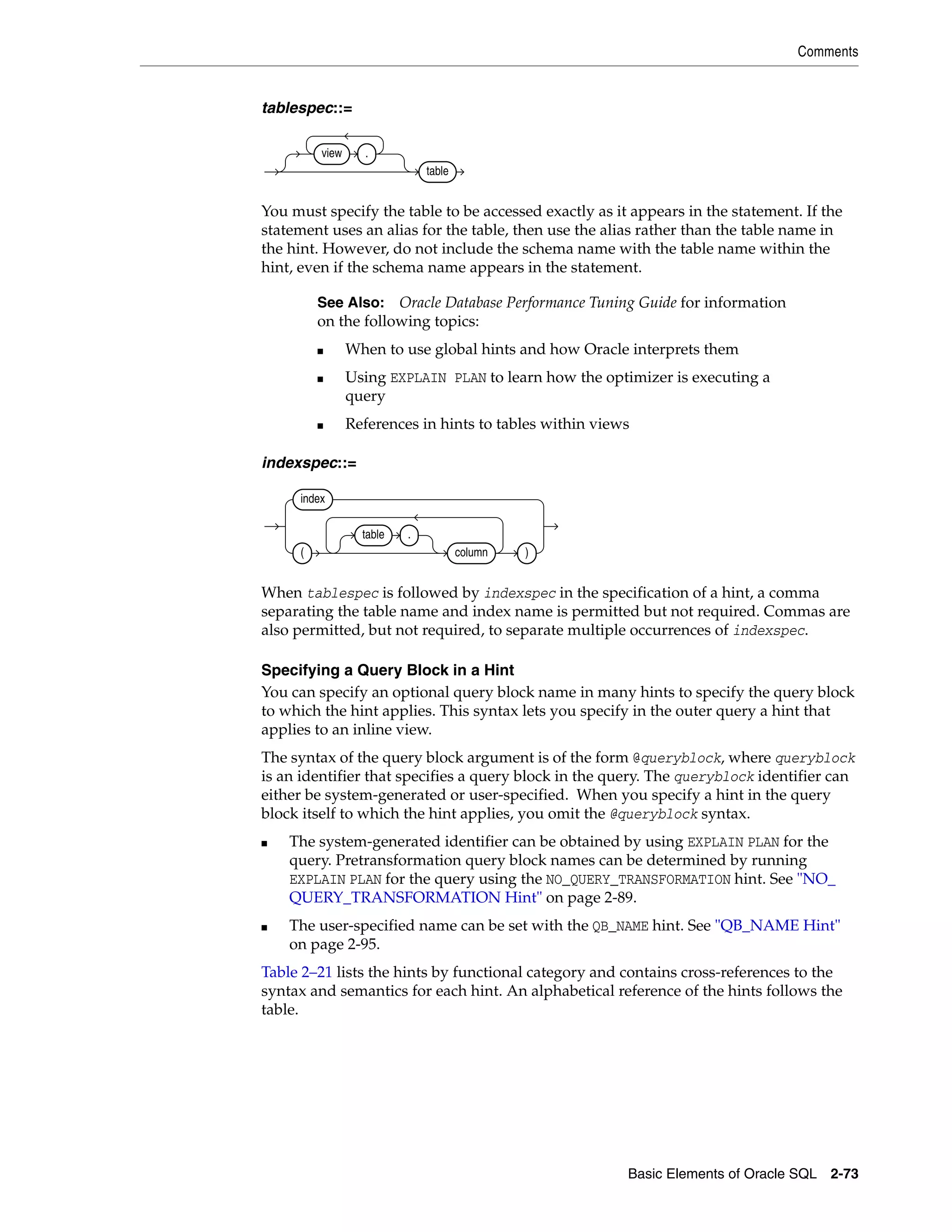 Comments
Basic Elements of Oracle SQL 2-73
tablespec::=
You must specify the table to be accessed exactly as it appears in the statement. If the
statement uses an alias for the table, then use the alias rather than the table name in
the hint. However, do not include the schema name with the table name within the
hint, even if the schema name appears in the statement.
indexspec::=
When tablespec is followed by indexspec in the specification of a hint, a comma
separating the table name and index name is permitted but not required. Commas are
also permitted, but not required, to separate multiple occurrences of indexspec.
Specifying a Query Block in a Hint
You can specify an optional query block name in many hints to specify the query block
to which the hint applies. This syntax lets you specify in the outer query a hint that
applies to an inline view.
The syntax of the query block argument is of the form @queryblock, where queryblock
is an identifier that specifies a query block in the query. The queryblock identifier can
either be system-generated or user-specified. When you specify a hint in the query
block itself to which the hint applies, you omit the @queryblock syntax.
■ The system-generated identifier can be obtained by using EXPLAIN PLAN for the
query. Pretransformation query block names can be determined by running
EXPLAIN PLAN for the query using the NO_QUERY_TRANSFORMATION hint. See "NO_
QUERY_TRANSFORMATION Hint" on page 2-89.
■ The user-specified name can be set with the QB_NAME hint. See "QB_NAME Hint"
on page 2-95.
Table 2–21 lists the hints by functional category and contains cross-references to the
syntax and semantics for each hint. An alphabetical reference of the hints follows the
table.
See Also: Oracle Database Performance Tuning Guide for information
on the following topics:
■ When to use global hints and how Oracle interprets them
■ Using EXPLAIN PLAN to learn how the optimizer is executing a
query
■ References in hints to tables within views
view .
table
index
(
table .
column )
 