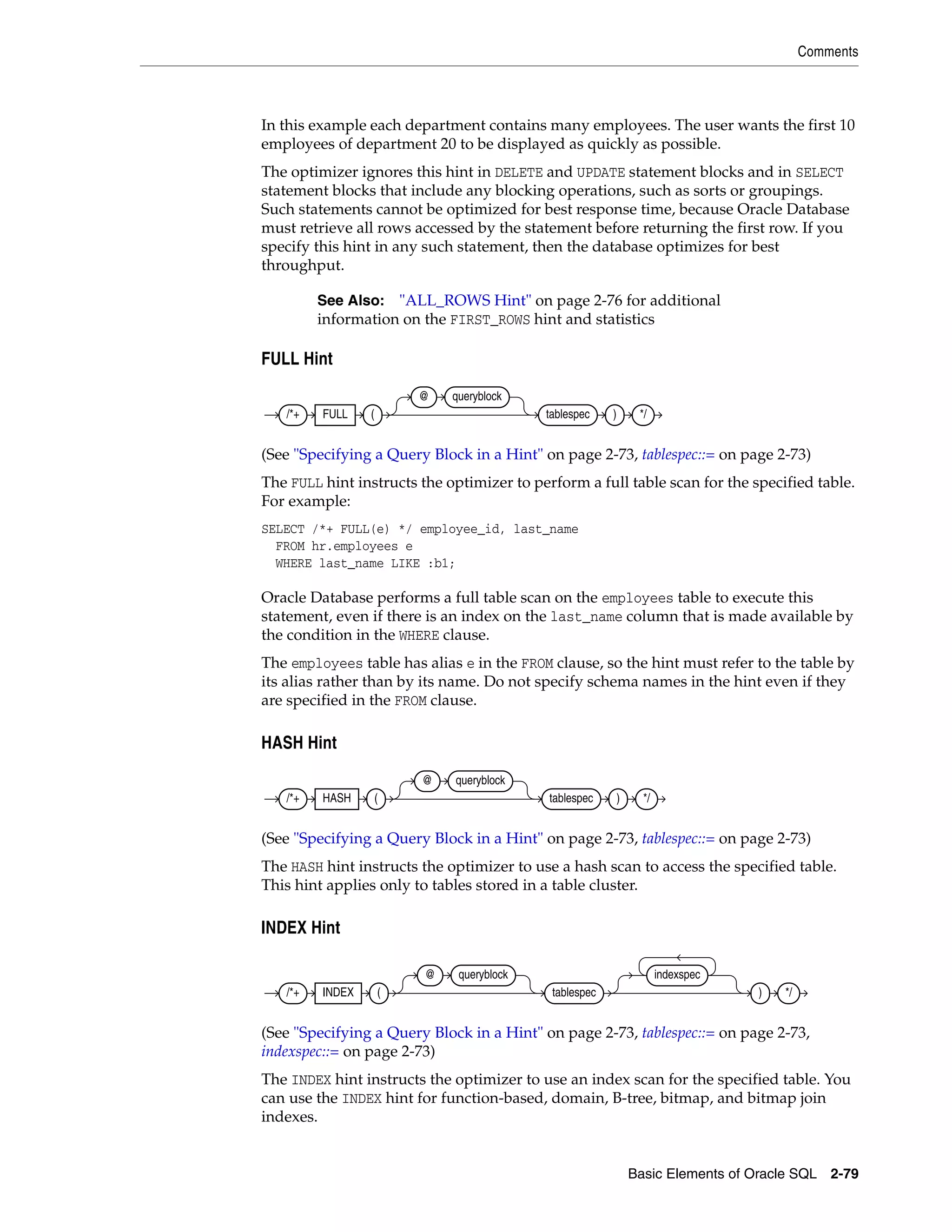 Comments
Basic Elements of Oracle SQL 2-79
In this example each department contains many employees. The user wants the first 10
employees of department 20 to be displayed as quickly as possible.
The optimizer ignores this hint in DELETE and UPDATE statement blocks and in SELECT
statement blocks that include any blocking operations, such as sorts or groupings.
Such statements cannot be optimized for best response time, because Oracle Database
must retrieve all rows accessed by the statement before returning the first row. If you
specify this hint in any such statement, then the database optimizes for best
throughput.
FULL Hint
(See "Specifying a Query Block in a Hint" on page 2-73, tablespec::= on page 2-73)
The FULL hint instructs the optimizer to perform a full table scan for the specified table.
For example:
SELECT /*+ FULL(e) */ employee_id, last_name
FROM hr.employees e
WHERE last_name LIKE :b1;
Oracle Database performs a full table scan on the employees table to execute this
statement, even if there is an index on the last_name column that is made available by
the condition in the WHERE clause.
The employees table has alias e in the FROM clause, so the hint must refer to the table by
its alias rather than by its name. Do not specify schema names in the hint even if they
are specified in the FROM clause.
HASH Hint
(See "Specifying a Query Block in a Hint" on page 2-73, tablespec::= on page 2-73)
The HASH hint instructs the optimizer to use a hash scan to access the specified table.
This hint applies only to tables stored in a table cluster.
INDEX Hint
(See "Specifying a Query Block in a Hint" on page 2-73, tablespec::= on page 2-73,
indexspec::= on page 2-73)
The INDEX hint instructs the optimizer to use an index scan for the specified table. You
can use the INDEX hint for function-based, domain, B-tree, bitmap, and bitmap join
indexes.
See Also: "ALL_ROWS Hint" on page 2-76 for additional
information on the FIRST_ROWS hint and statistics
/*+ FULL (
@ queryblock
tablespec ) */
/*+ HASH (
@ queryblock
tablespec ) */
/*+ INDEX (
@ queryblock
tablespec
indexspec
) */
 