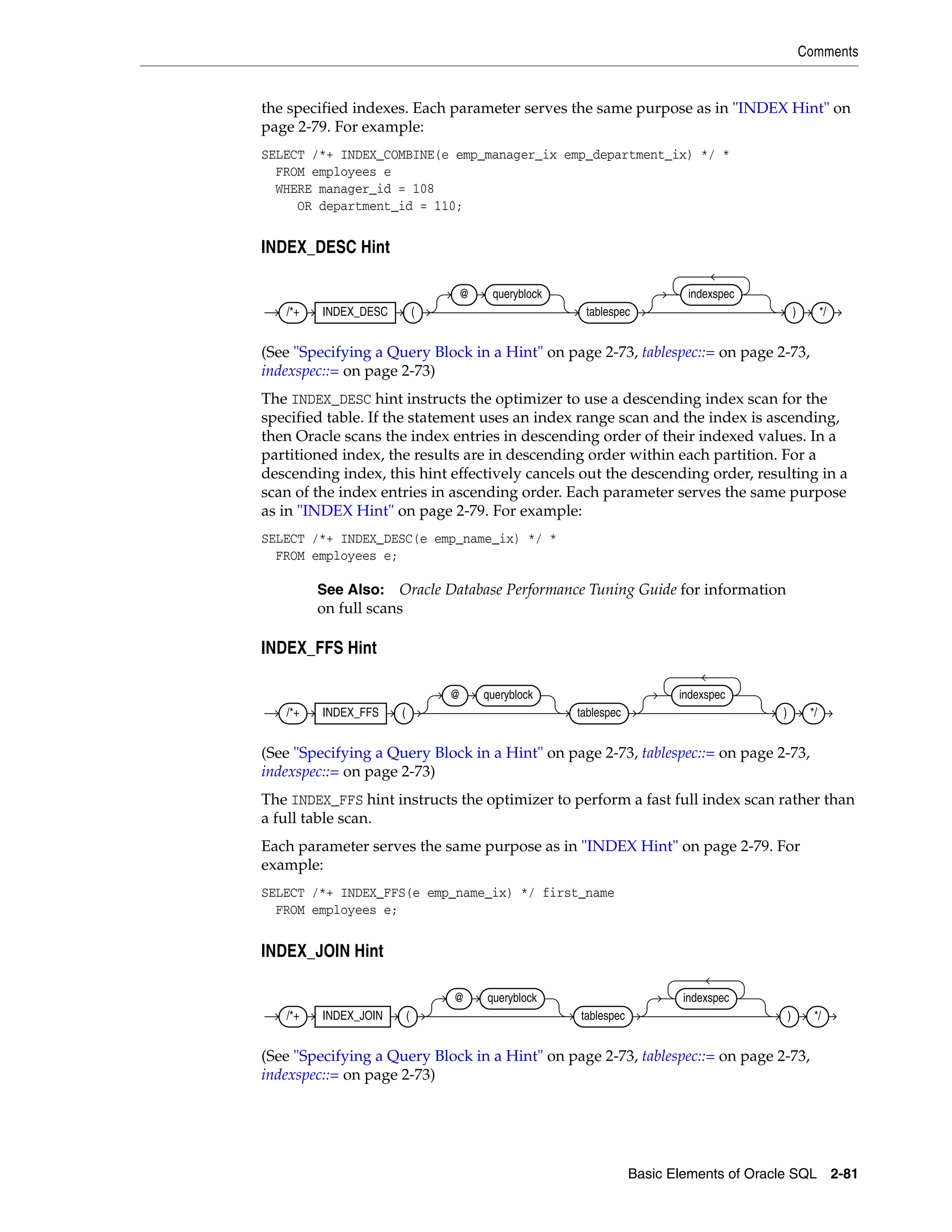 Comments
Basic Elements of Oracle SQL 2-81
the specified indexes. Each parameter serves the same purpose as in "INDEX Hint" on
page 2-79. For example:
SELECT /*+ INDEX_COMBINE(e emp_manager_ix emp_department_ix) */ *
FROM employees e
WHERE manager_id = 108
OR department_id = 110;
INDEX_DESC Hint
(See "Specifying a Query Block in a Hint" on page 2-73, tablespec::= on page 2-73,
indexspec::= on page 2-73)
The INDEX_DESC hint instructs the optimizer to use a descending index scan for the
specified table. If the statement uses an index range scan and the index is ascending,
then Oracle scans the index entries in descending order of their indexed values. In a
partitioned index, the results are in descending order within each partition. For a
descending index, this hint effectively cancels out the descending order, resulting in a
scan of the index entries in ascending order. Each parameter serves the same purpose
as in "INDEX Hint" on page 2-79. For example:
SELECT /*+ INDEX_DESC(e emp_name_ix) */ *
FROM employees e;
INDEX_FFS Hint
(See "Specifying a Query Block in a Hint" on page 2-73, tablespec::= on page 2-73,
indexspec::= on page 2-73)
The INDEX_FFS hint instructs the optimizer to perform a fast full index scan rather than
a full table scan.
Each parameter serves the same purpose as in "INDEX Hint" on page 2-79. For
example:
SELECT /*+ INDEX_FFS(e emp_name_ix) */ first_name
FROM employees e;
INDEX_JOIN Hint
(See "Specifying a Query Block in a Hint" on page 2-73, tablespec::= on page 2-73,
indexspec::= on page 2-73)
See Also: Oracle Database Performance Tuning Guide for information
on full scans
/*+ INDEX_DESC (
@ queryblock
tablespec
indexspec
) */
/*+ INDEX_FFS (
@ queryblock
tablespec
indexspec
) */
/*+ INDEX_JOIN (
@ queryblock
tablespec
indexspec
) */
 